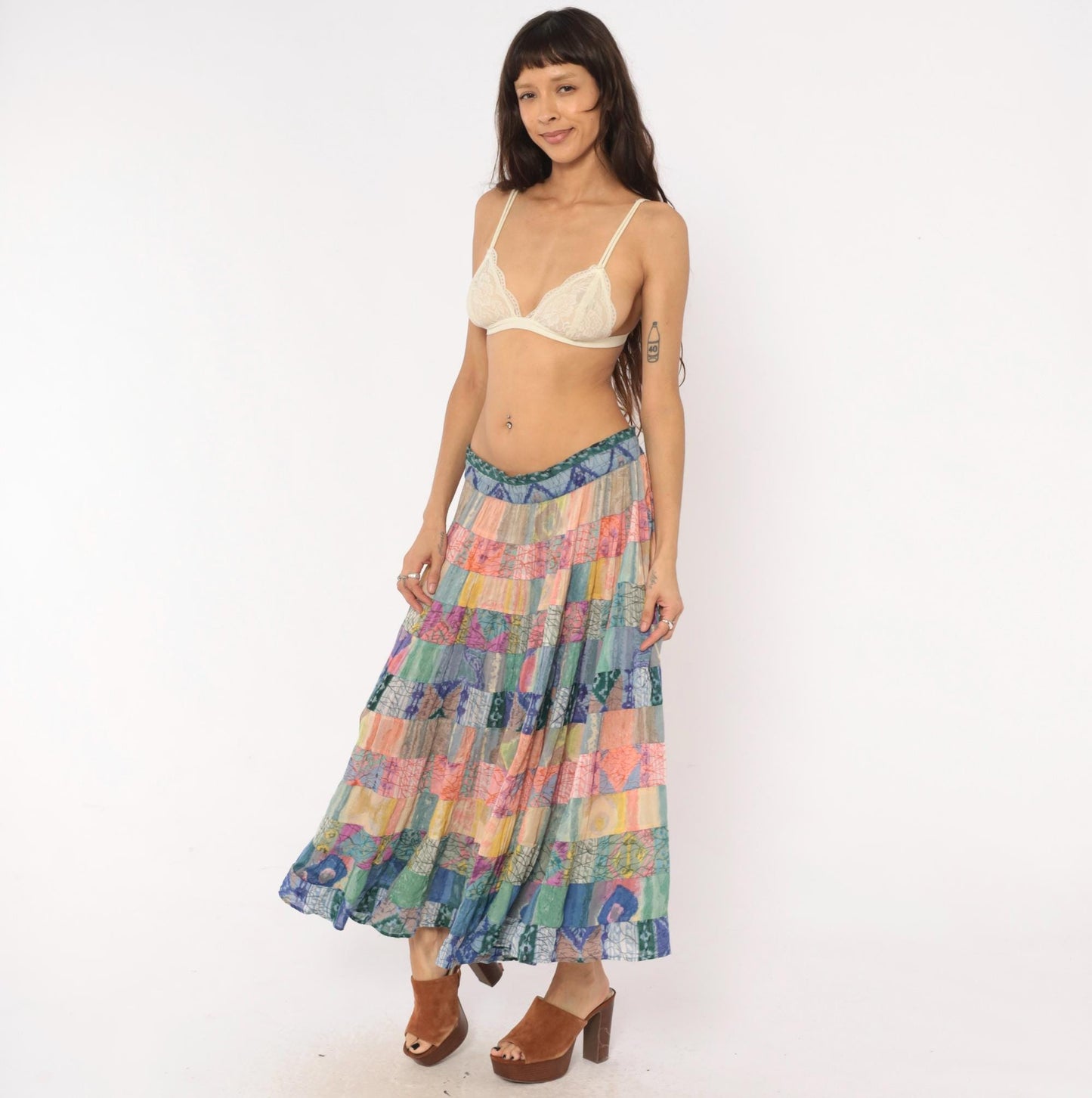 90s Bila California Patchwork Batik Maxi Skirt Tiered Gauze Large
