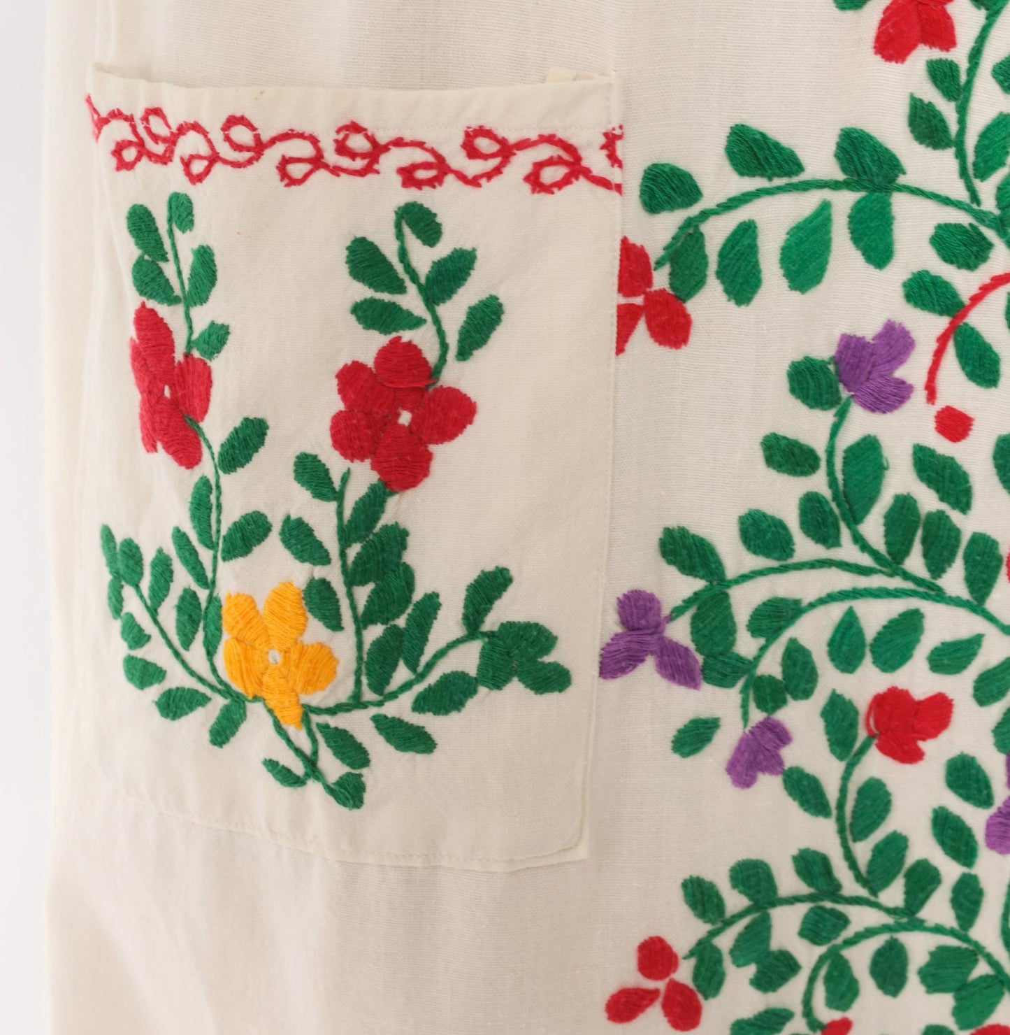 70s Embroidered Mexican Cotton Maxi Dress Floral Cream Long Sleeve Small