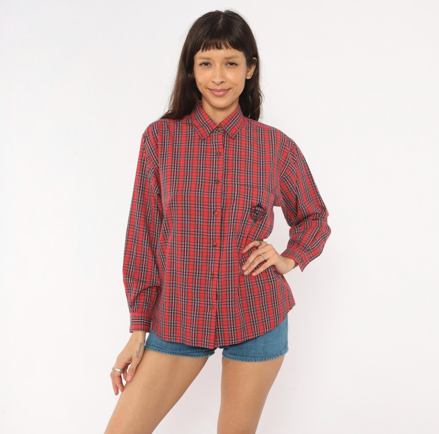80s Karen Scott Tartan Plaid Button-Up Shirt Red Navy Embroidered Small
