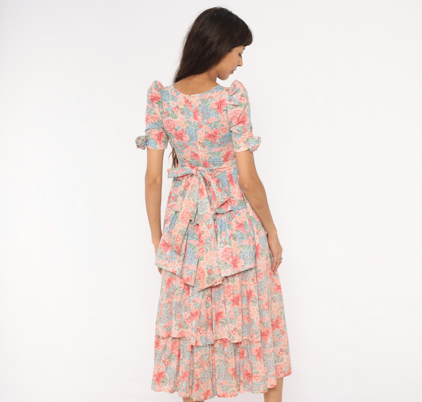 80s Floral Midi Dress Pink Blue Puff Sleeve Sweetheart Cotton XXS