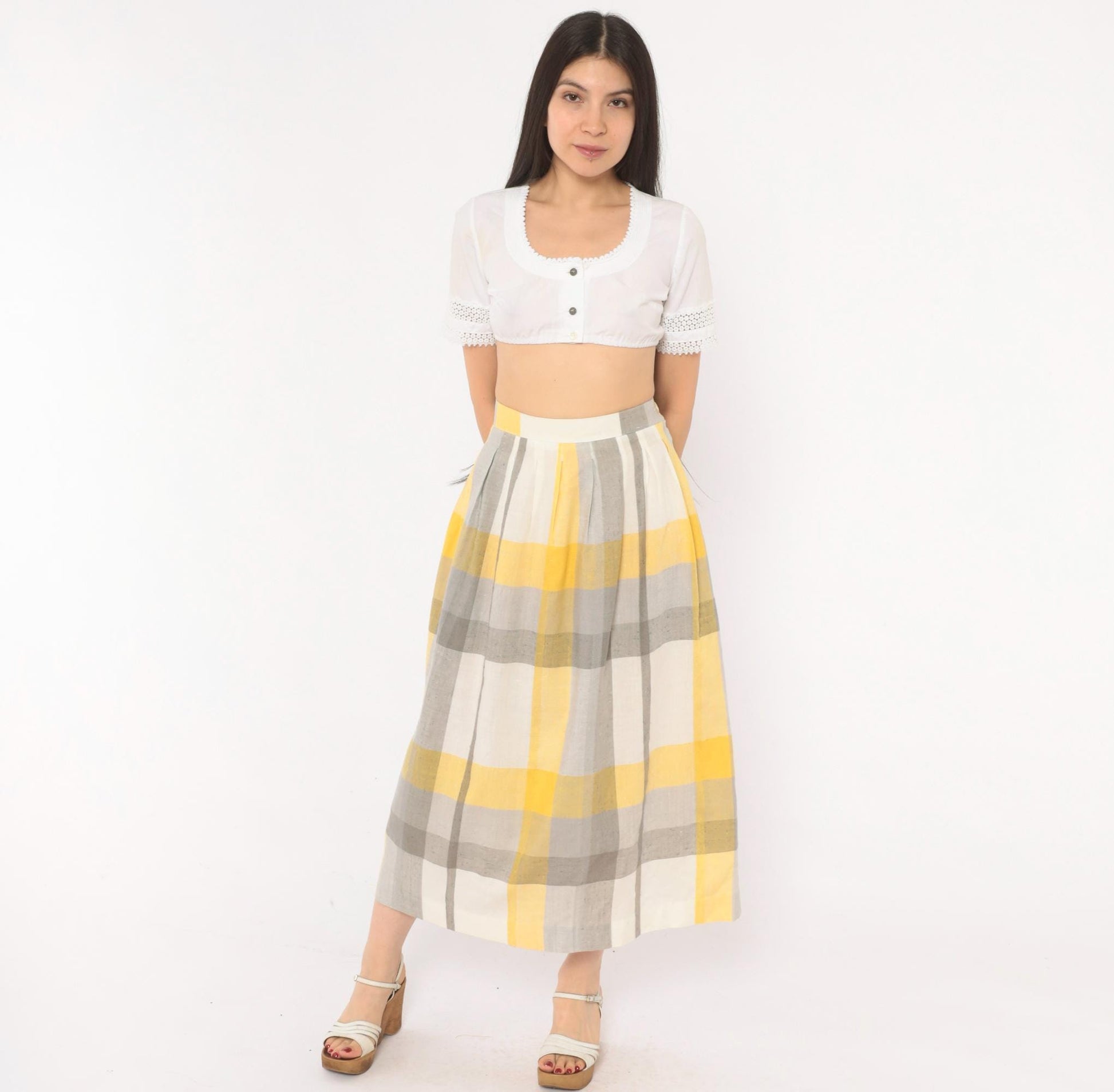 80s Stag & Co Plaid Midi Skirt Yellow Grey Ivory High Waist Pleated Medium