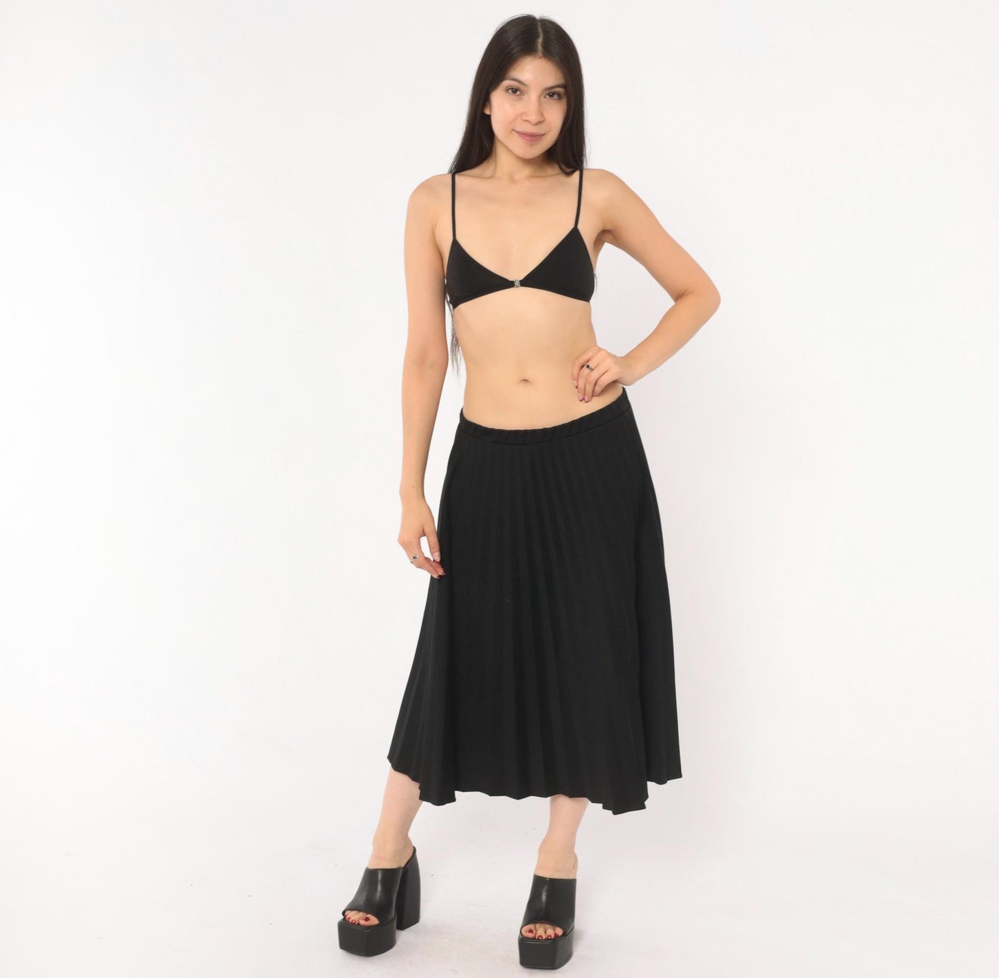 70s Sarah K Black Pleated Midi Skirt Accordion Knife Pleat Elastic Waist Medium Large