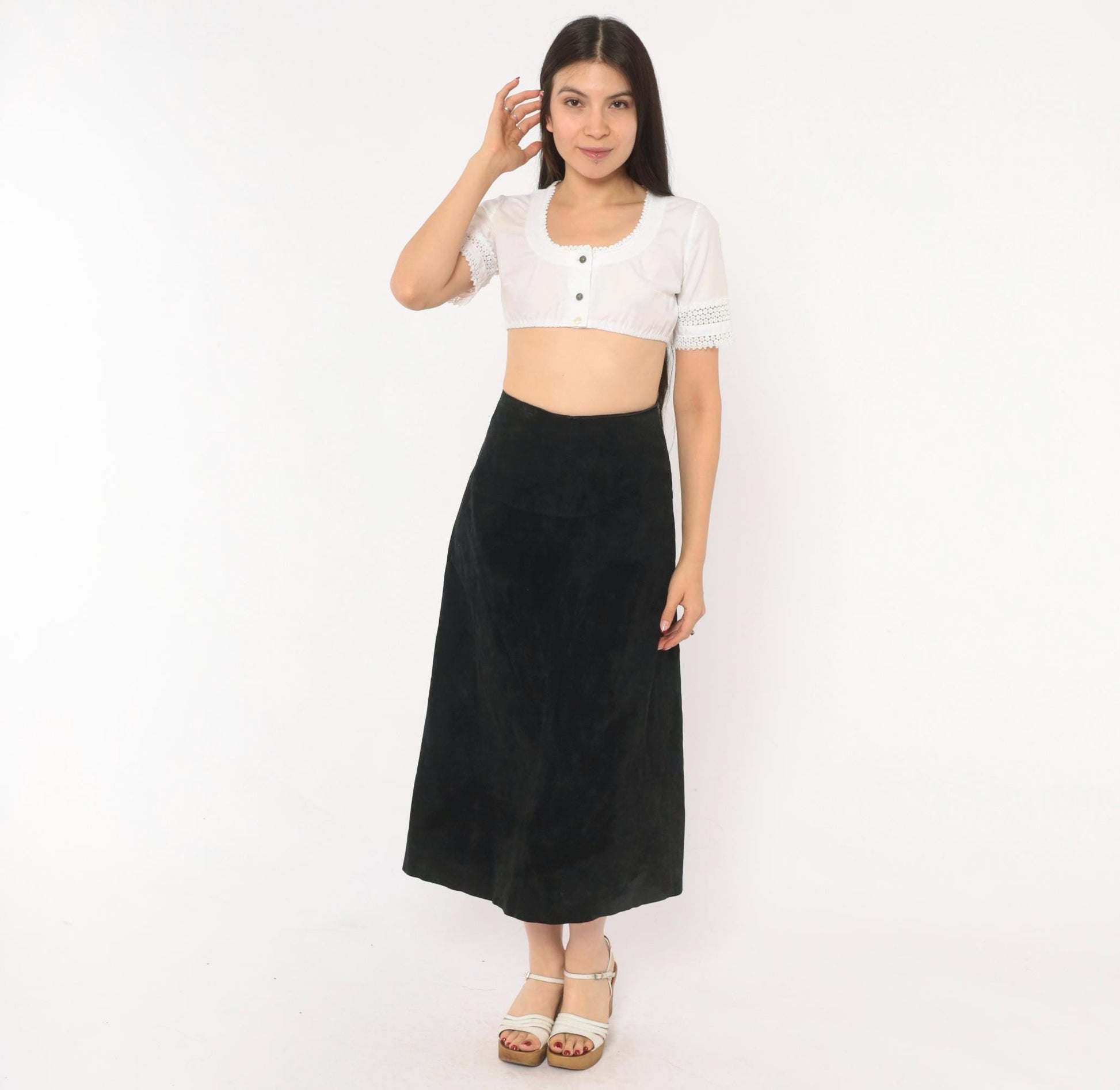 90s Black Suede A-Line Midi Skirt High Waist Paneled Large L