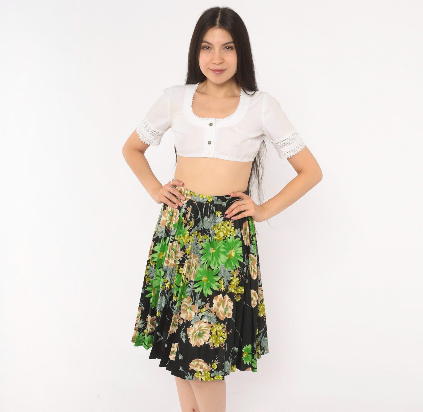 70s Floral Pleated Skirt Black Daisy Rose Print Knee-Length A-Line Extra Small
