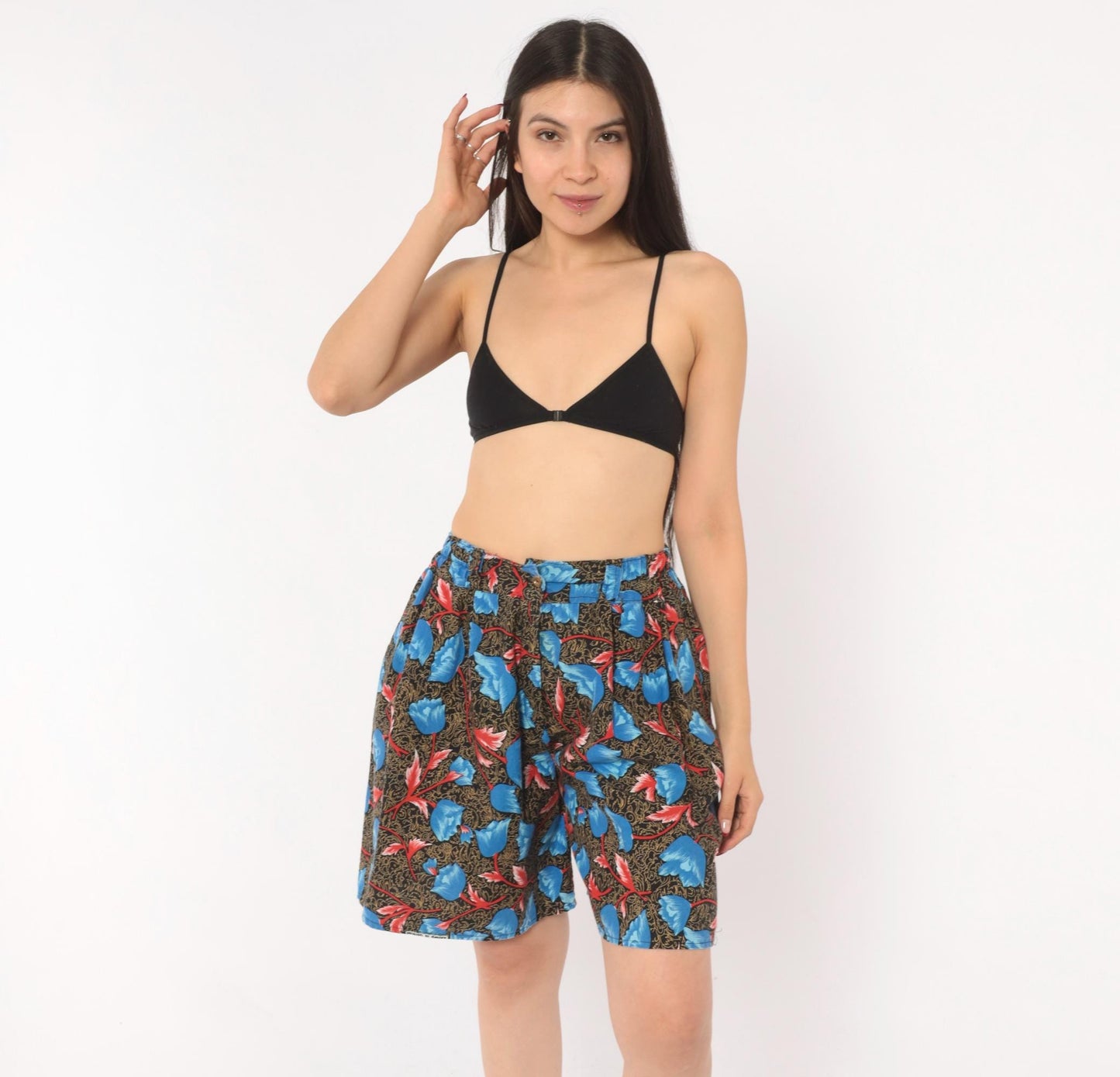 90s Blue Tulip Floral High-Waist Shorts Cotton Pleated Small Medium