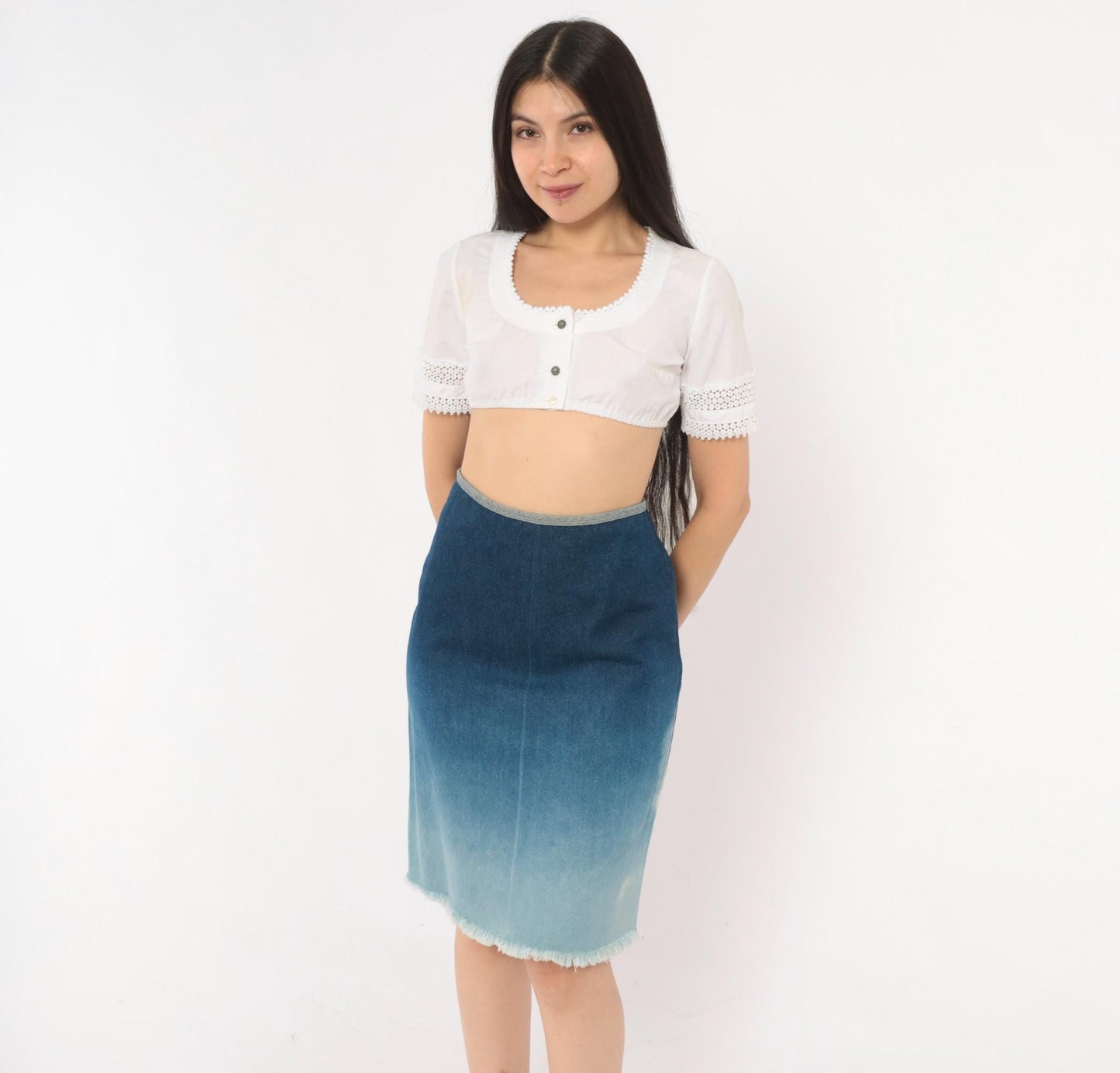 Y2K R4Я Rave 4 Real Ombre Denim Pencil Skirt Sky Blue Extra Small XS