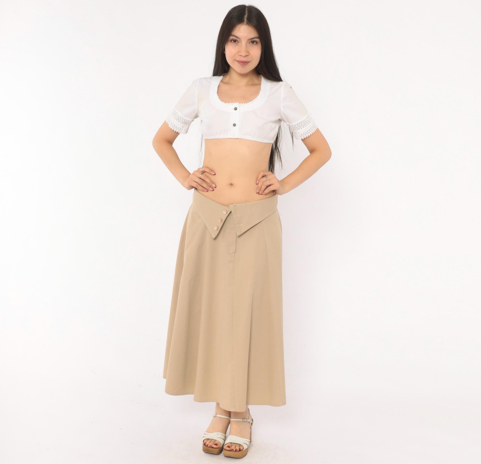 90s Tan A-Line Midi Skirt Fold-Over Waistband Button Front Medium