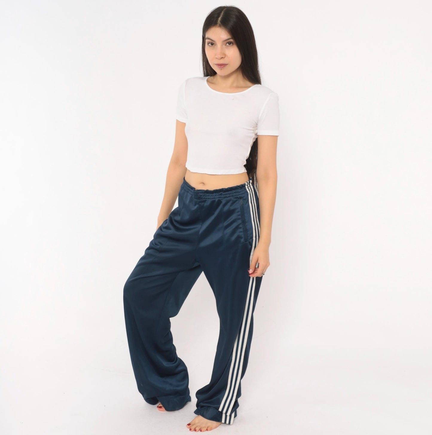 80s Adidas Navy Track Pants White Three Stripe Straight Leg Large L