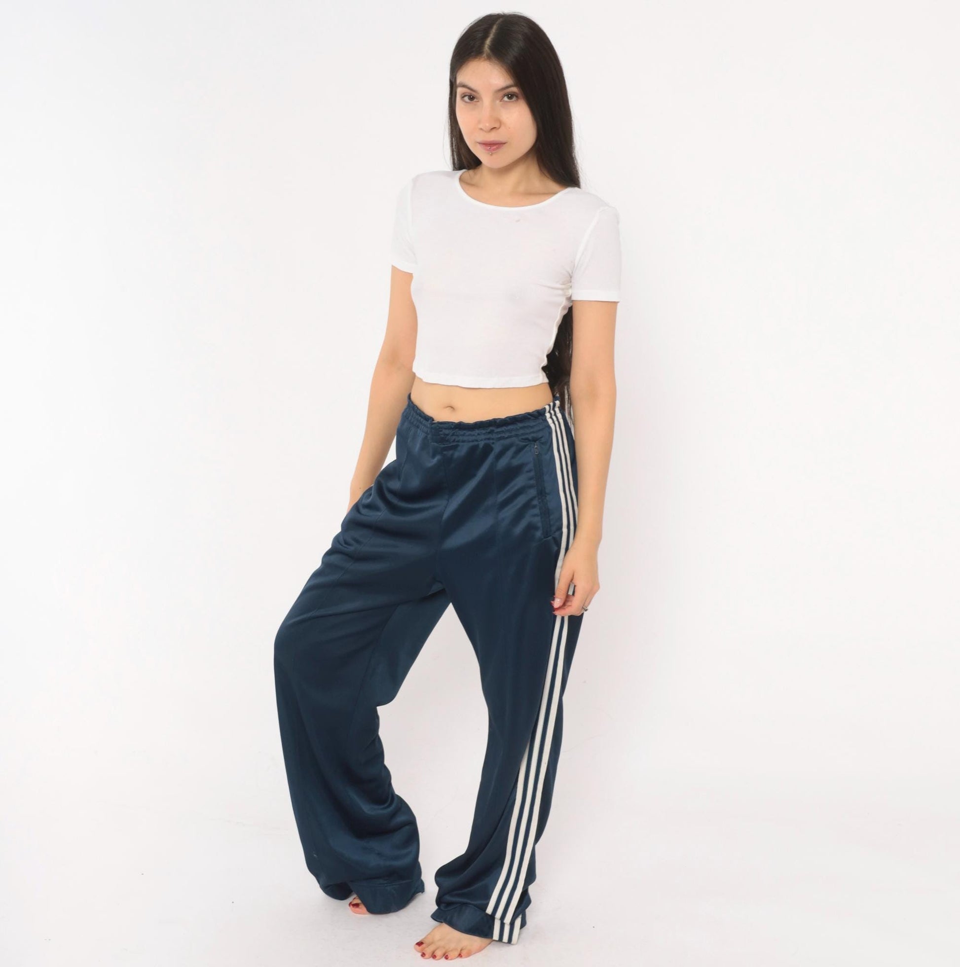 80s Adidas Navy Track Pants White Three Stripe Straight Leg Large L