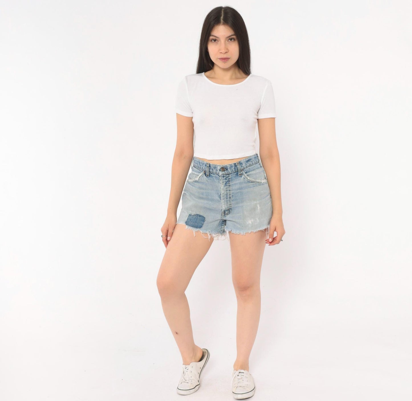 80s Levi's Cutoff Denim Shorts Light Wash High Rise Patched Distressed 32