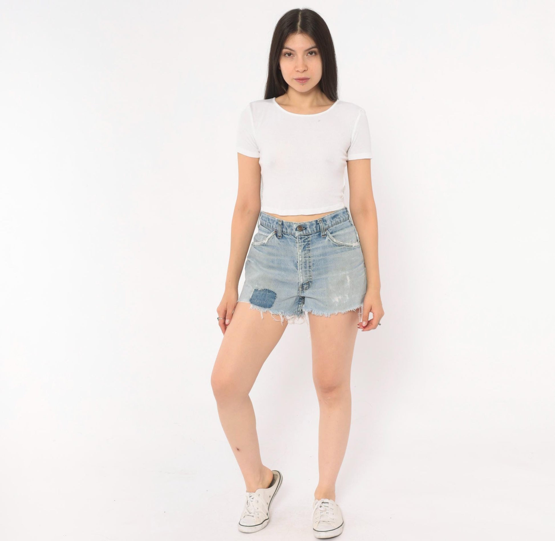 80s Levi's Cutoff Denim Shorts Light Wash High Rise Patched Distressed 32