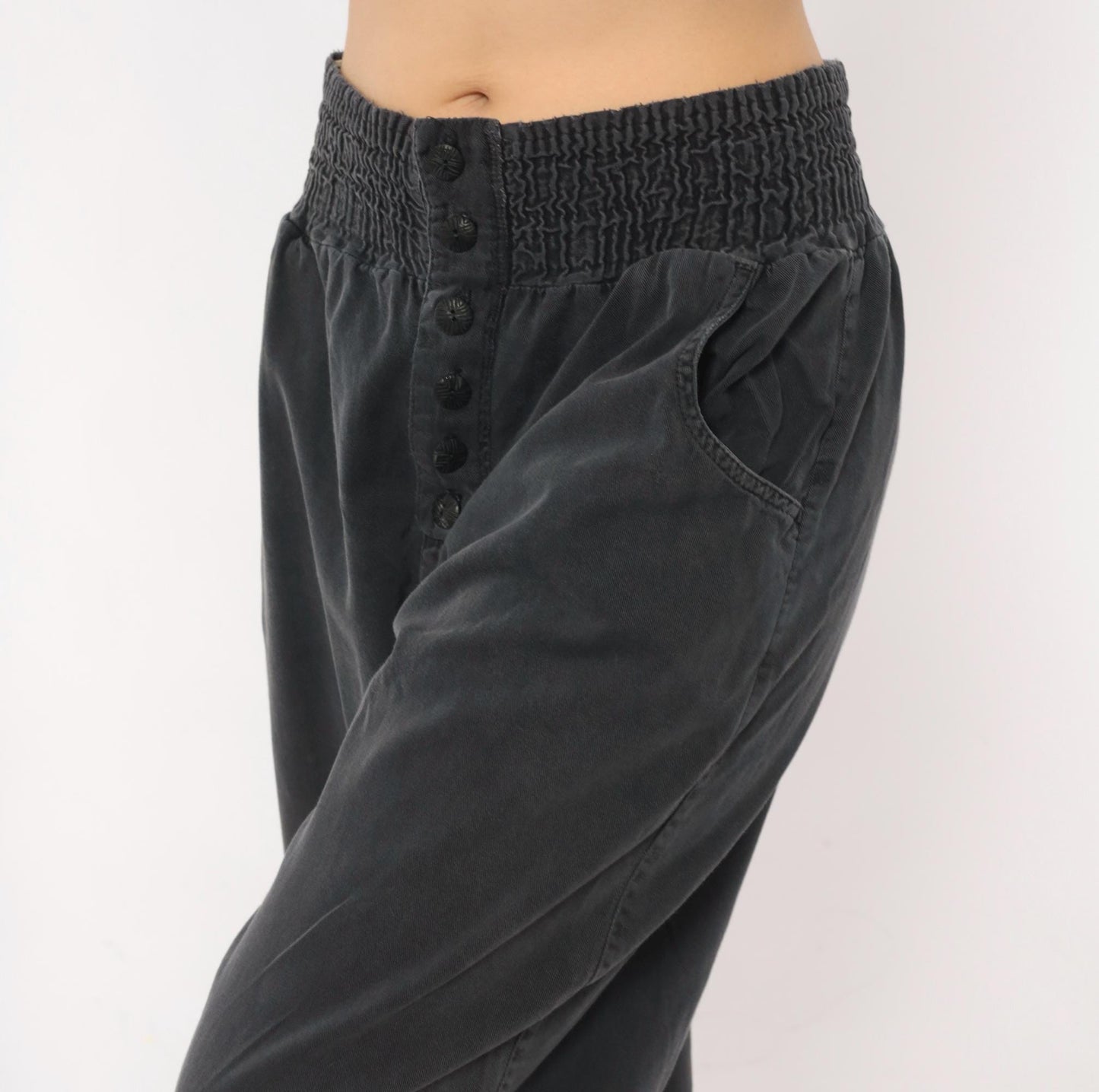 90s Smocked Waist Tapered Trouser Grey Cotton High Rise Button Fly Medium M
