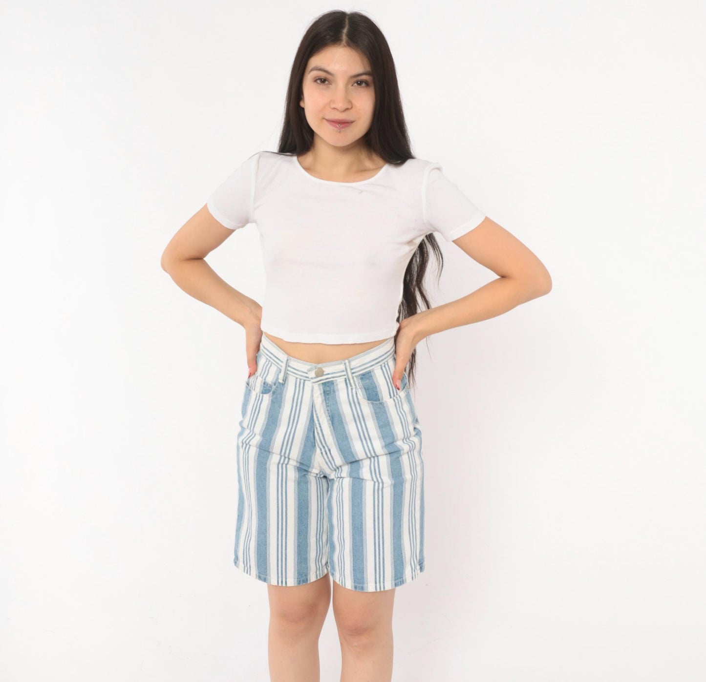 90s Mixed Blues Striped Denim Shorts High Waist Bermuda Blue White Cotton XS
