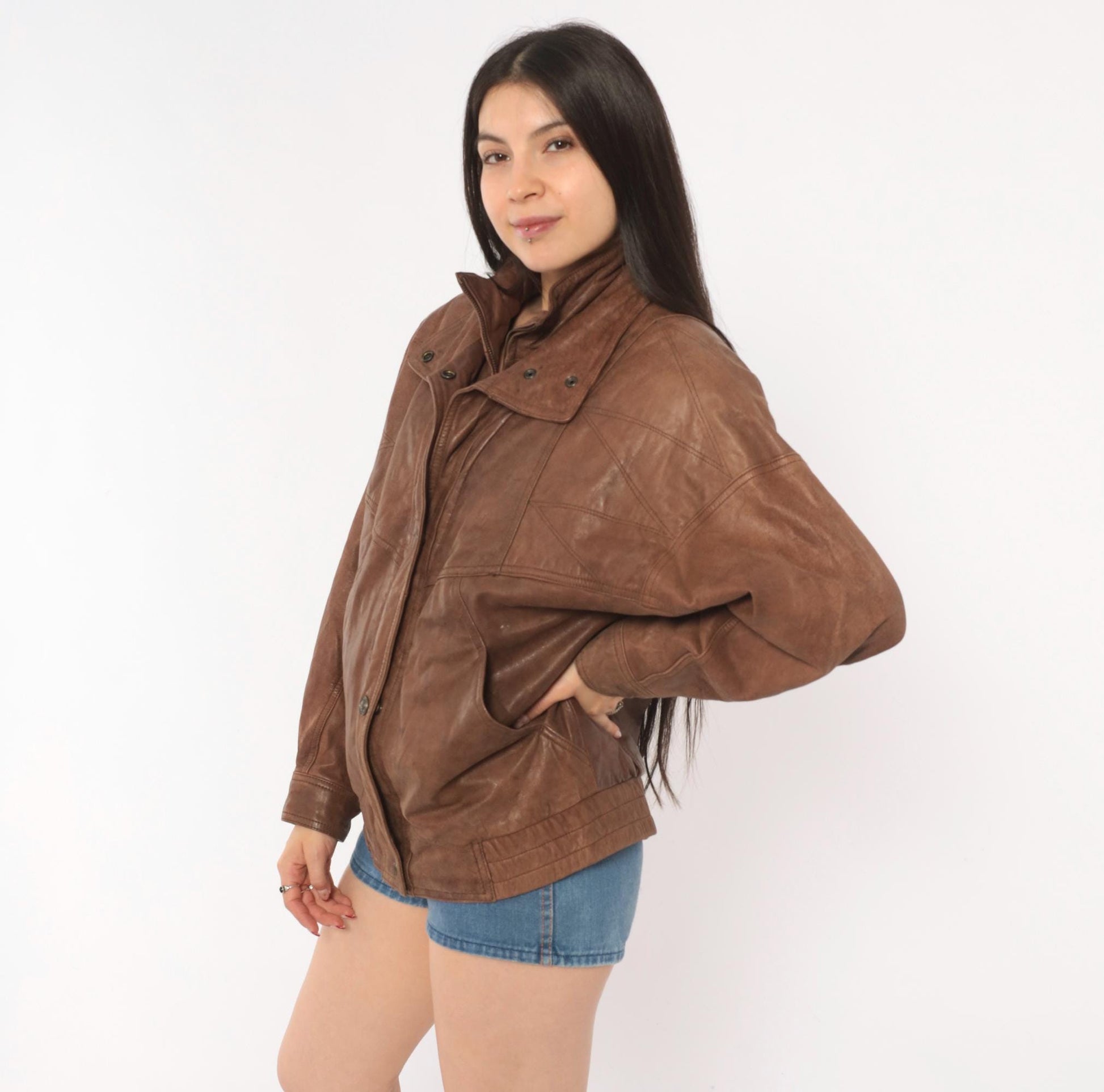 80s Adventure Bound Brown Leather Moto Jacket Snap Collar Small S