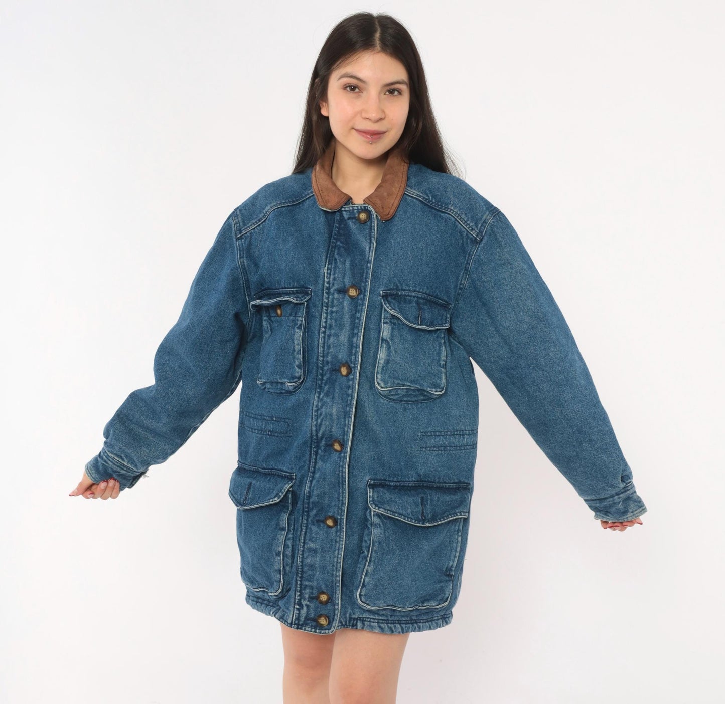 90s Kings Bay Denim Jacket Leather Collar Brown Cotton Workwear Medium M