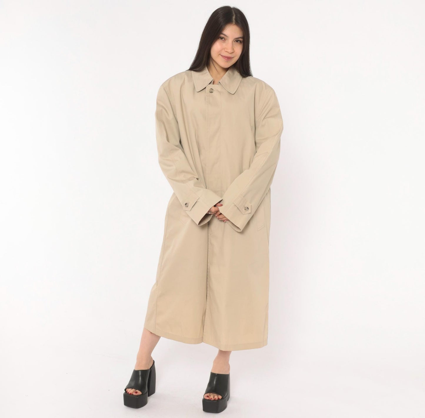 80s London Fog Trench Coat Beige Long Spread Collar Single Button Large