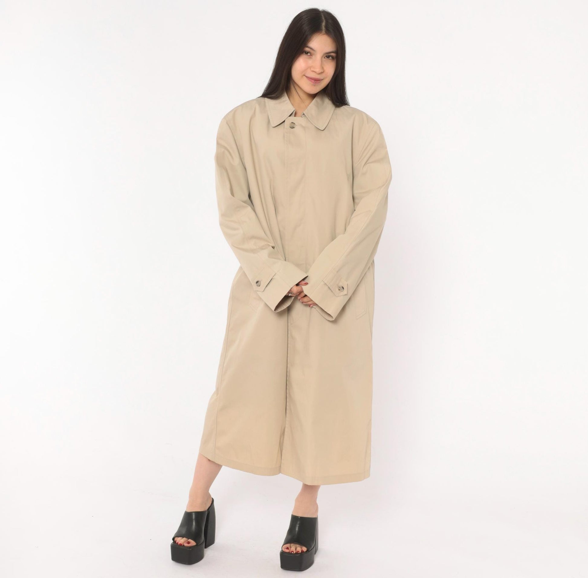 80s London Fog Trench Coat Beige Long Spread Collar Single Button Large