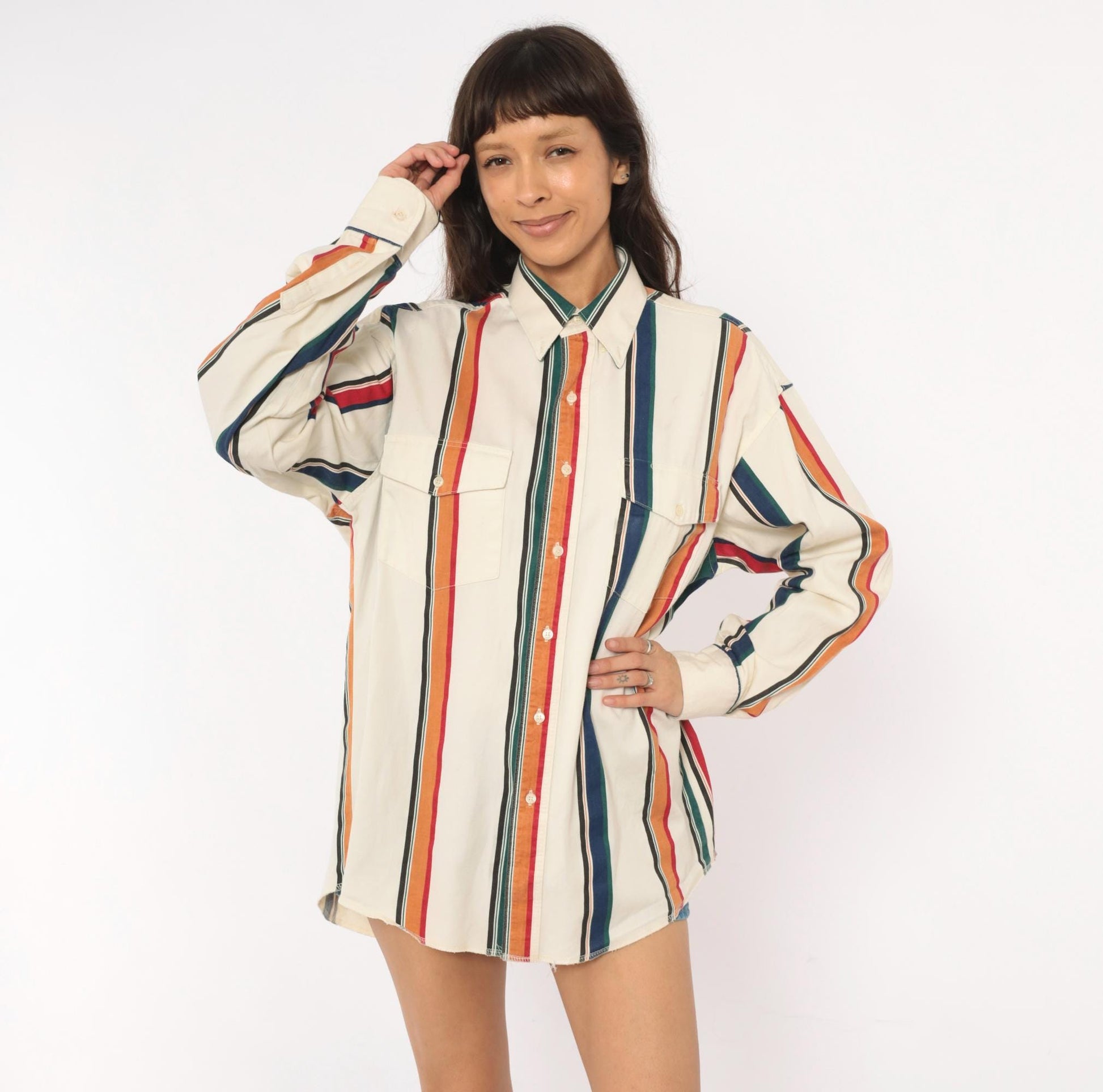 90s Wrangler Striped Button-Up Shirt Cream Navy Orange Vertical Stripe Western Extra Large XL