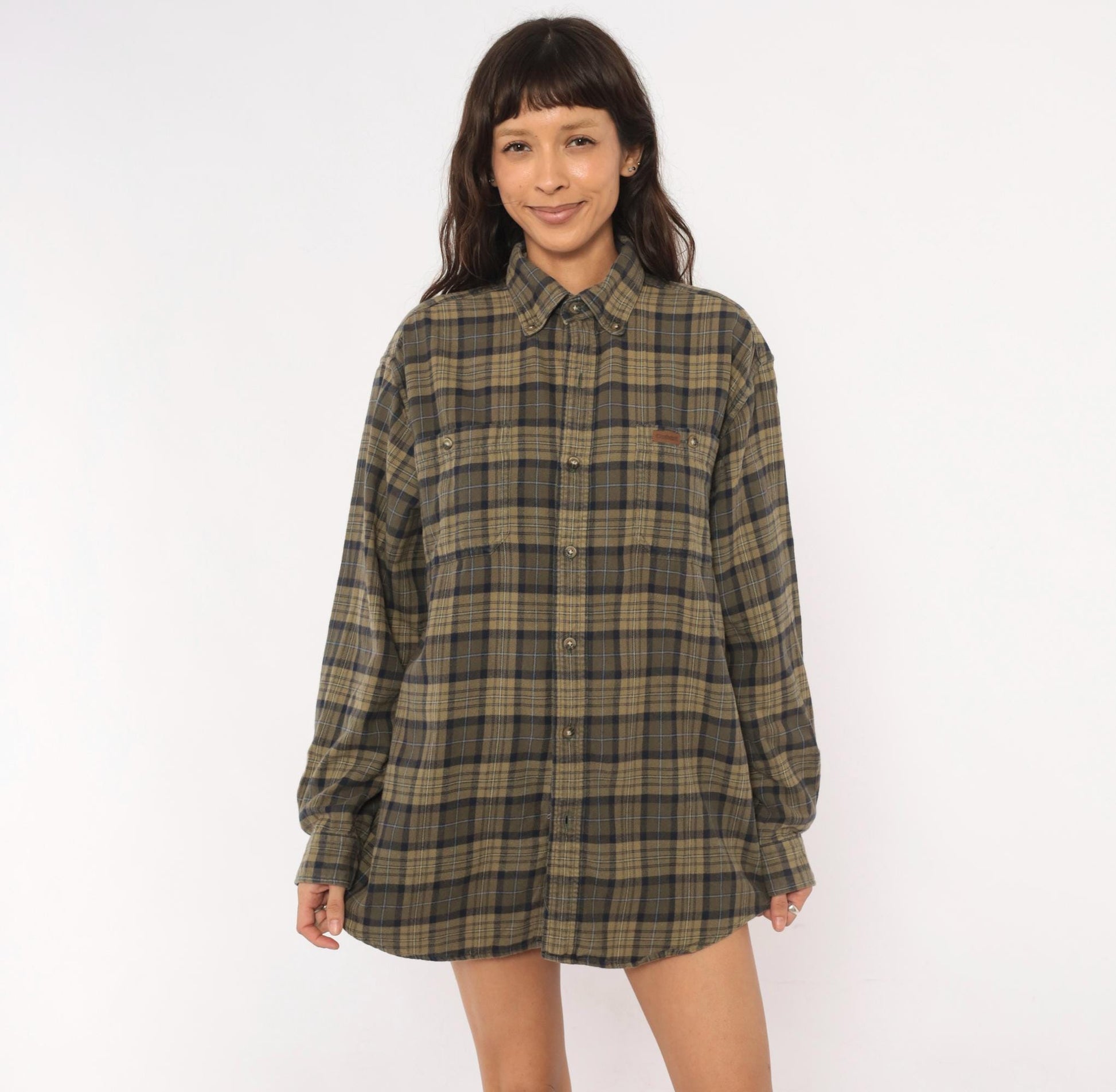 2000s Carhartt Plaid Flannel Shirt Tan Navy Button Down Medium