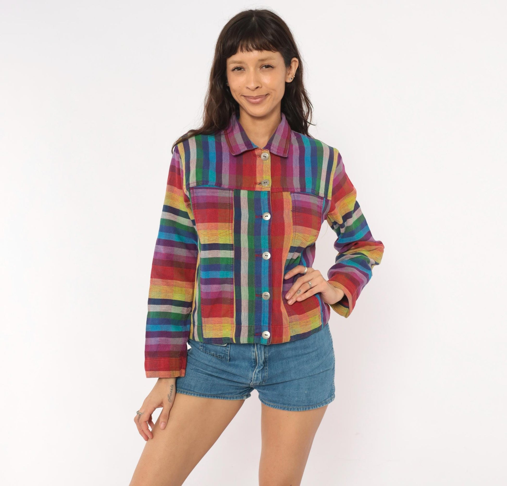 Y2K Chico's Design Rainbow Plaid Cropped Jacket Cotton Small S