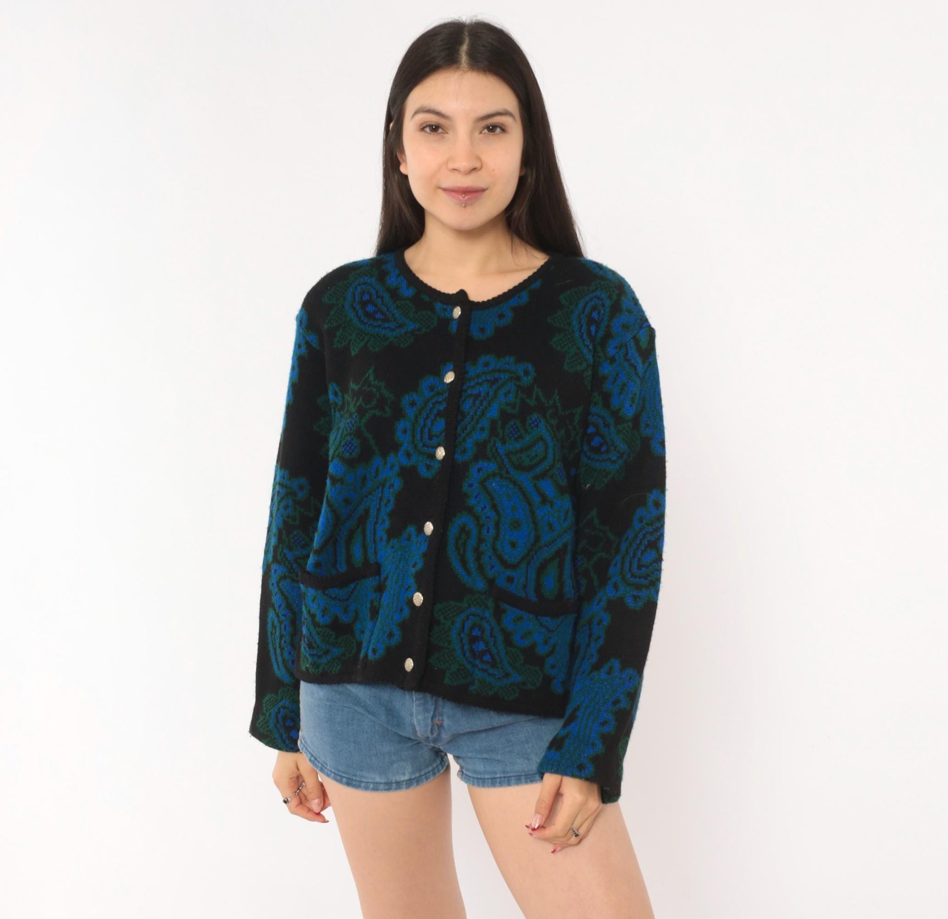 70s Tally-Ho Paisley Jacquard Cardigan Blue Green Black Button Front Large