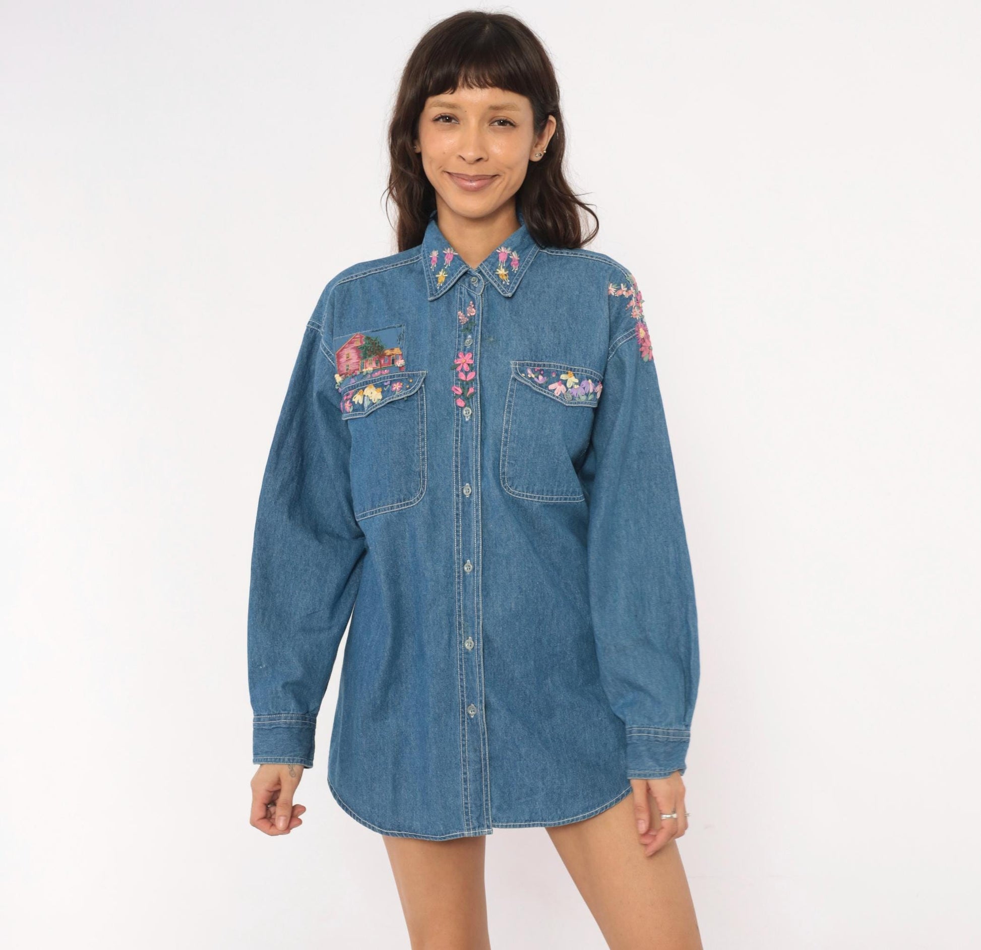 90s Short Circuit Blues Denim Shirt Hand-Painted Floral Garden Multicolor Large L