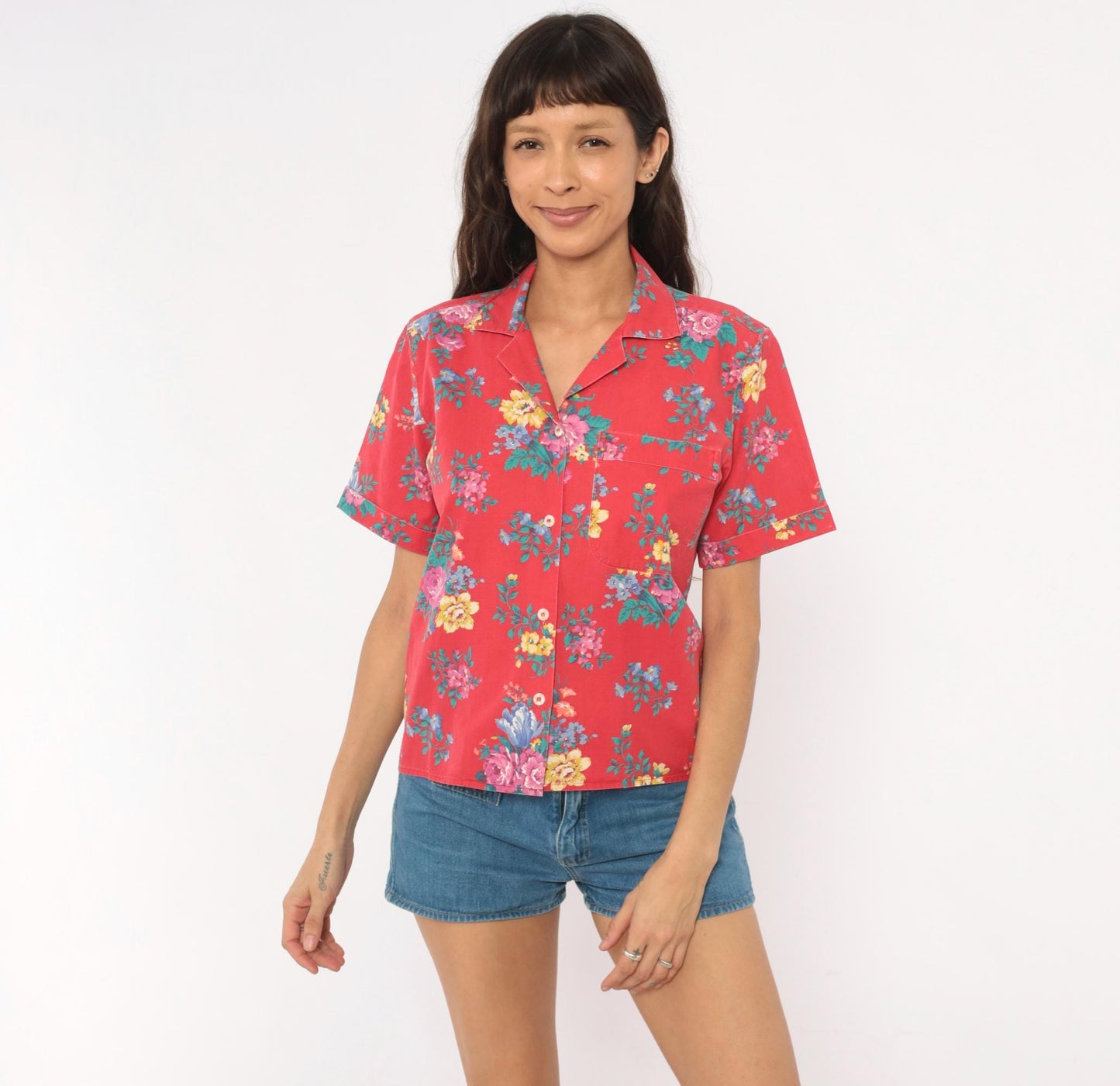 90s Bentley Arbuckle Floral Button-Up Camp Shirt Red Cotton Small