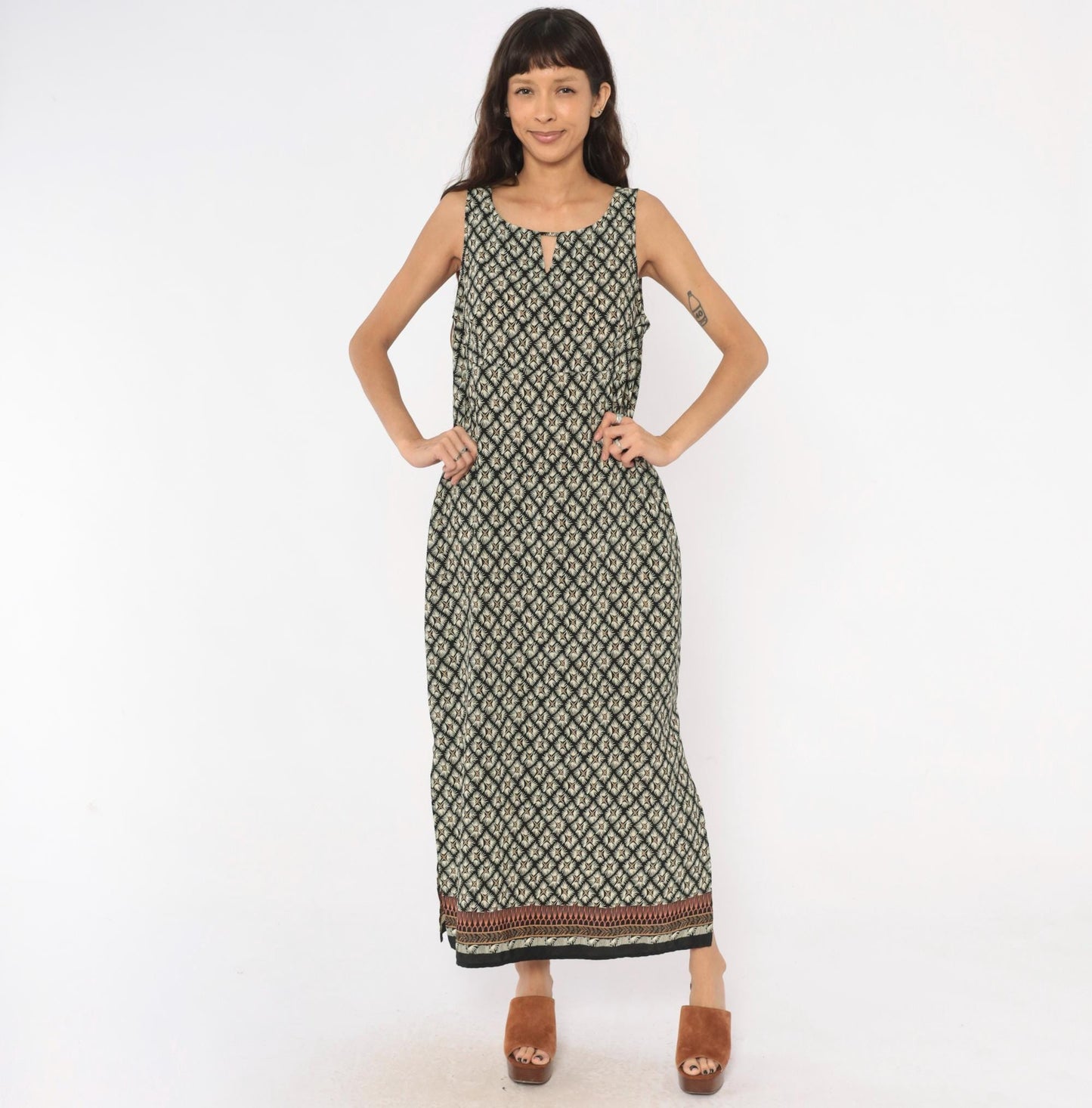 90s Dorée Collections Diamond Lattice Maxi Dress Black Cream Keyhole Large L