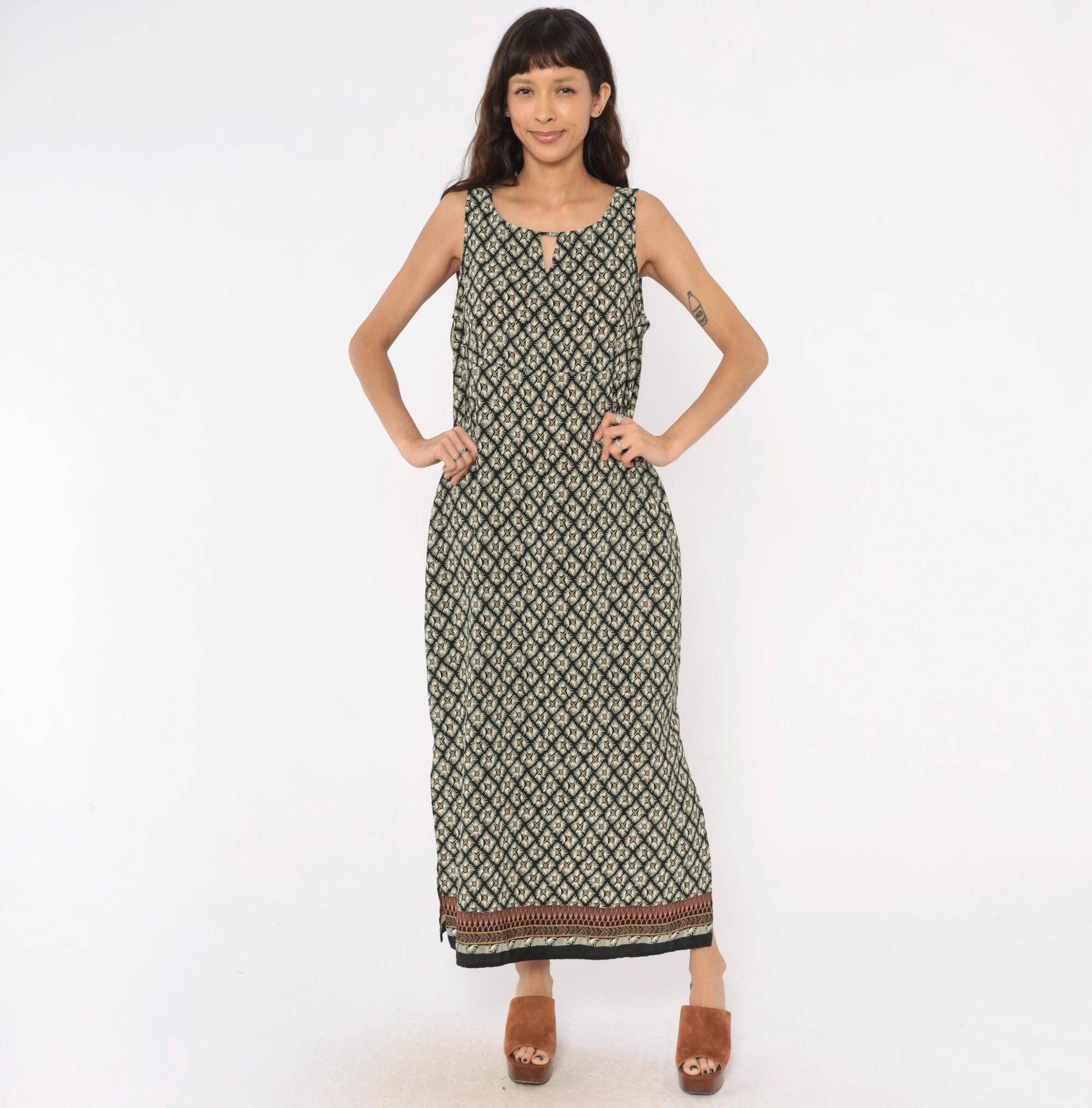 90s Dorée Collections Diamond Lattice Maxi Dress Black Cream Keyhole Large L