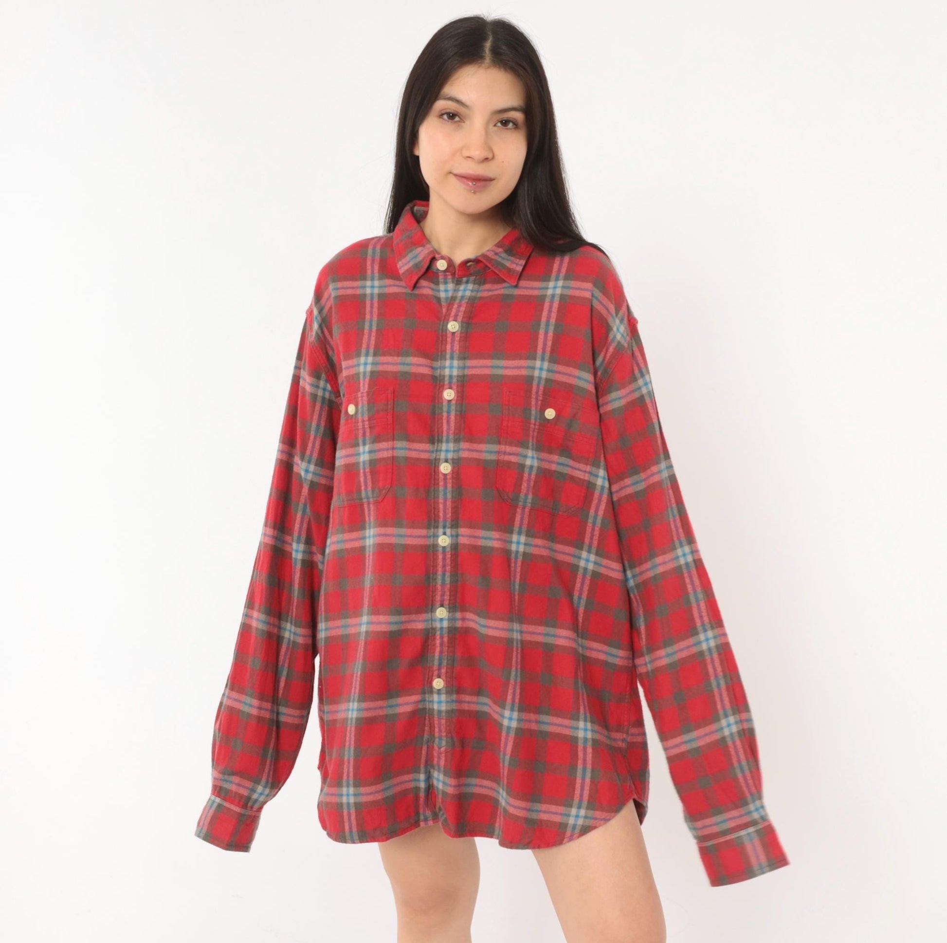 2000s J.Crew Red Plaid Flannel Button-Up Shirt Cotton Grey Blue Check Extra Large XL