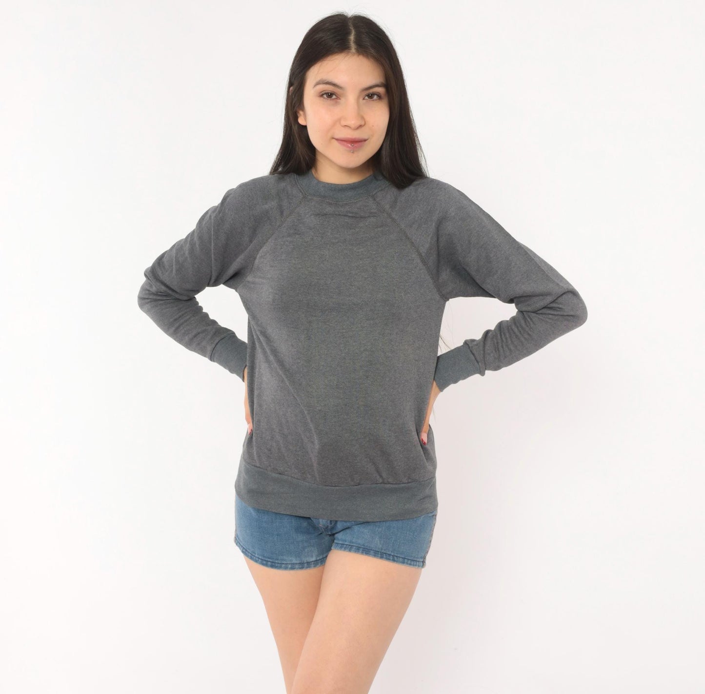 80s Charcoal Grey Raglan Sweatshirt Crewneck Cotton Pullover Small S