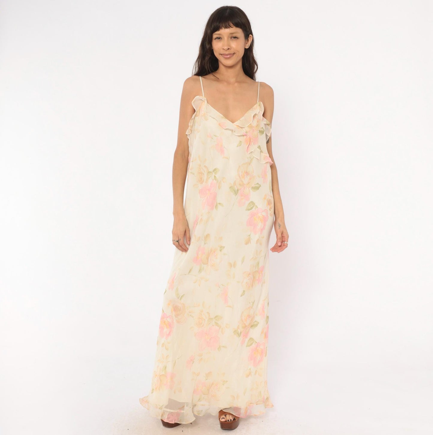 90s Valerie Stevens Floral Maxi Dress Cream Pink Chiffon V-Neck Extra Large XL