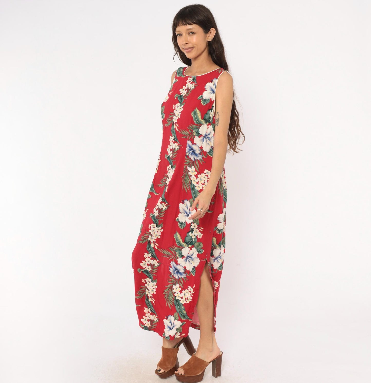 90s Iolani Hawaiian Maxi Dress Red Tropical Floral Sleeveless Large L