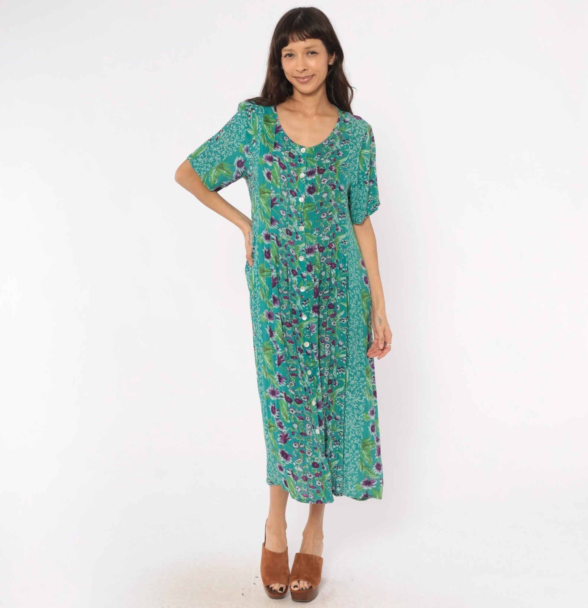 90s La Cera Floral Button Front Midi Dress Teal Purple Pockets Medium M