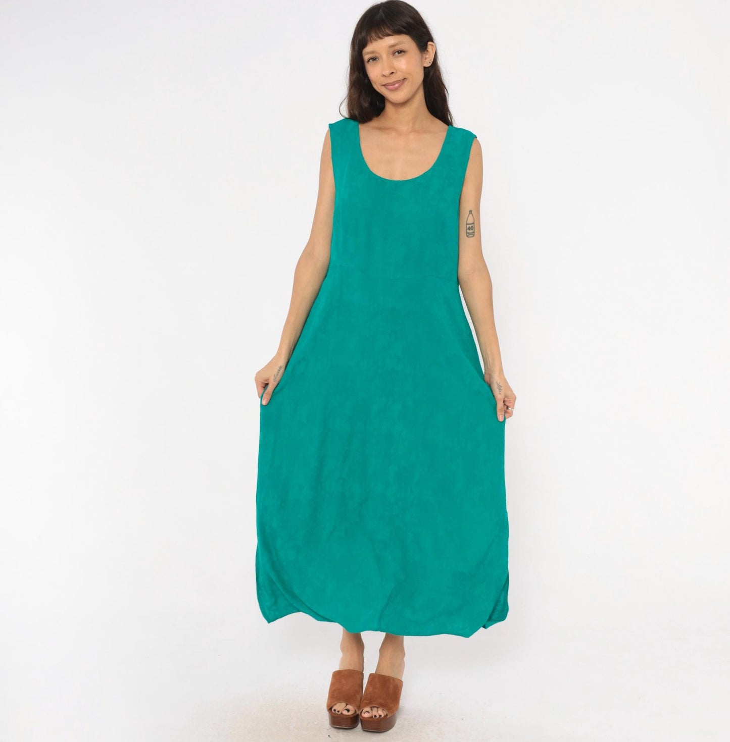 90s Karin Stevens Teal Maxi Dress Sleeveless Empire Waist Ankle Length Large L
