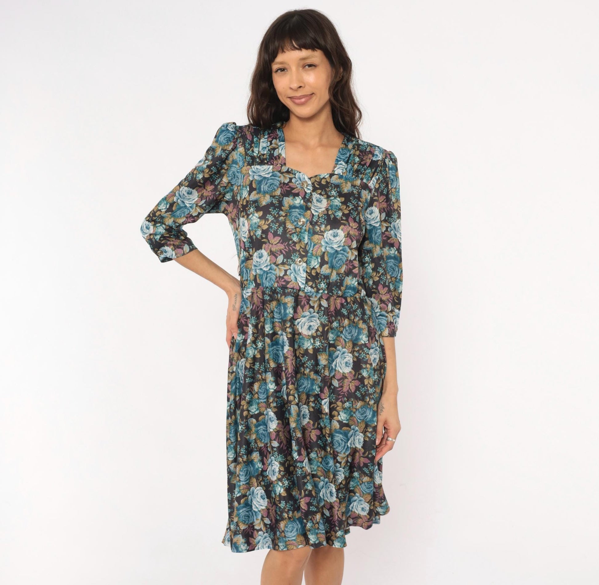 80s Rose Floral Button-Front Dress Blue Sweetheart Puff Sleeve Midi Large L