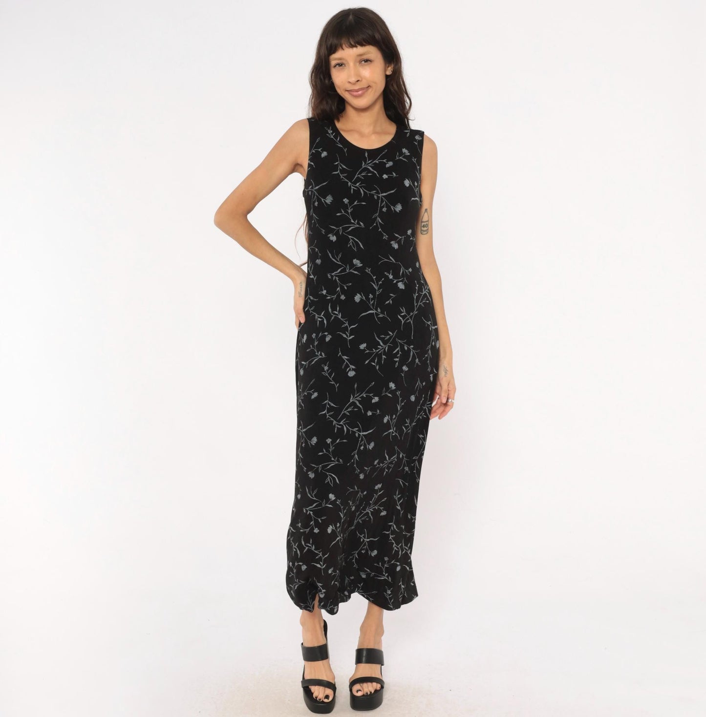 90s Ronni Nicole Black Floral Maxi Dress Grey Vine Print Sleeveless Large L
