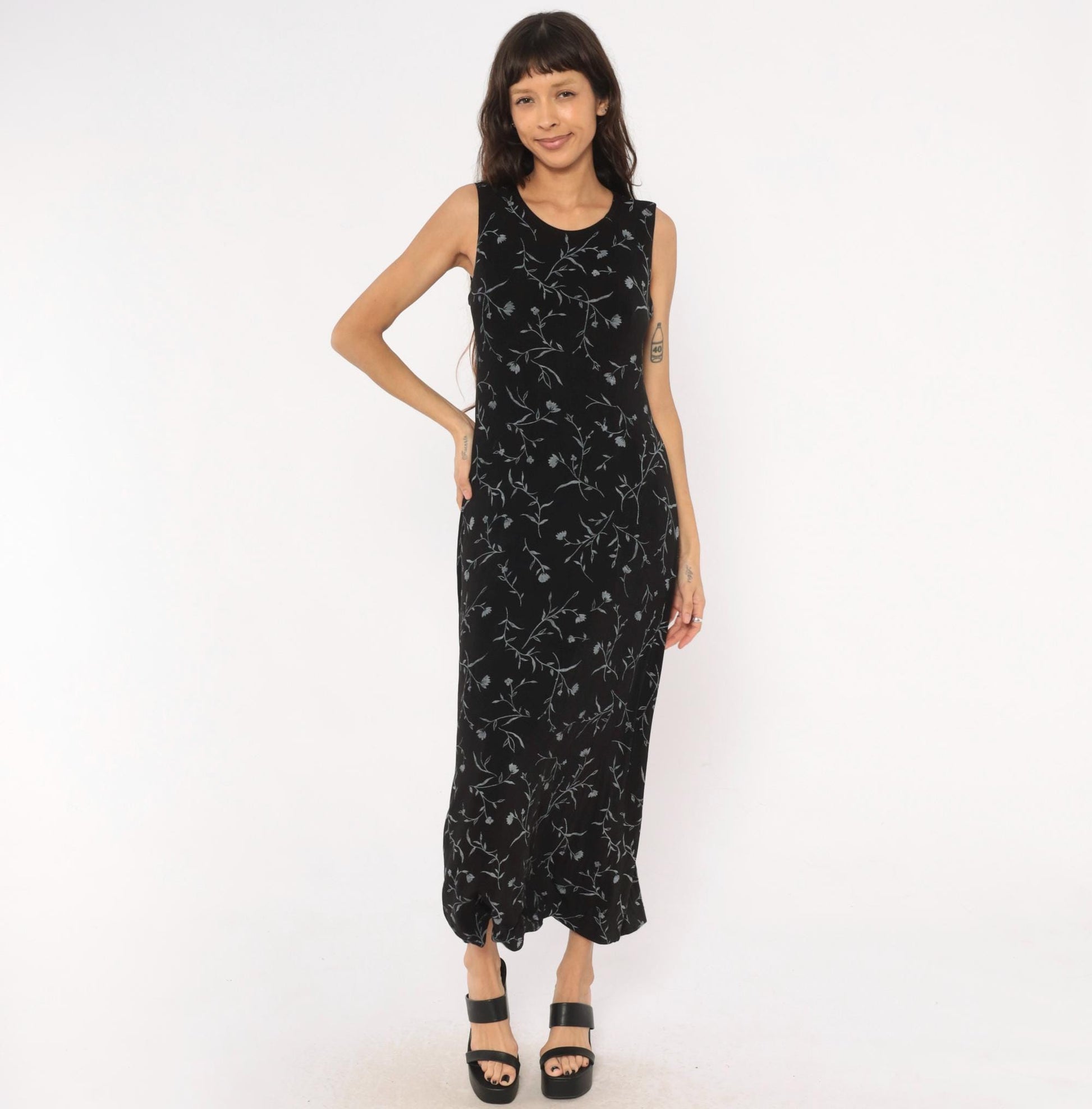 90s Ronni Nicole Black Floral Maxi Dress Grey Vine Print Sleeveless Large L