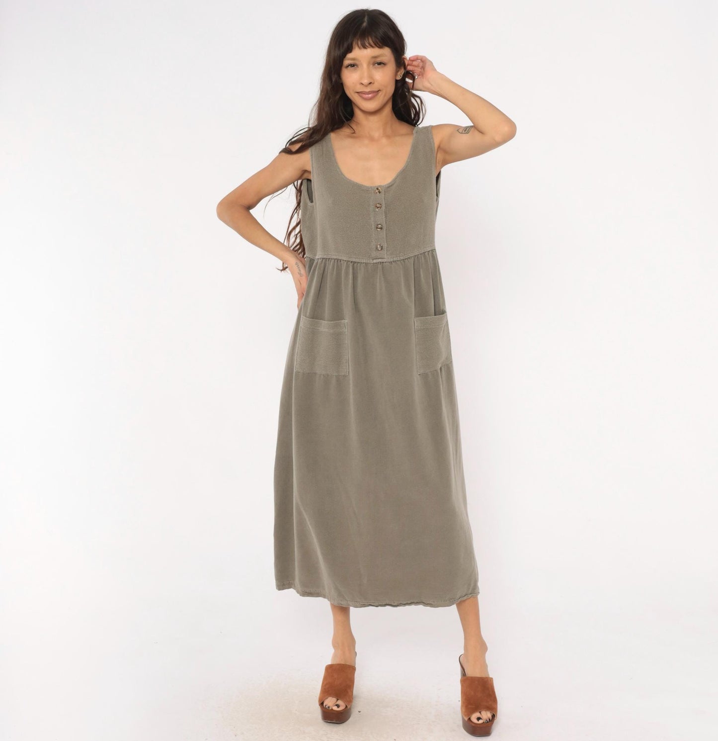 90s Cotton Stuff Classics Maxi Dress Grey Sleeveless Button Front Large L