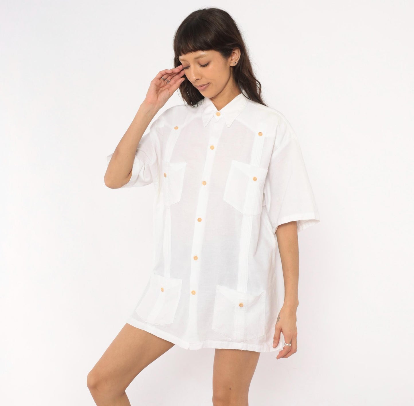 90s White Cotton Button-Up Shirt Four Pocket Short Sleeve Pointed Collar Extra Large XL