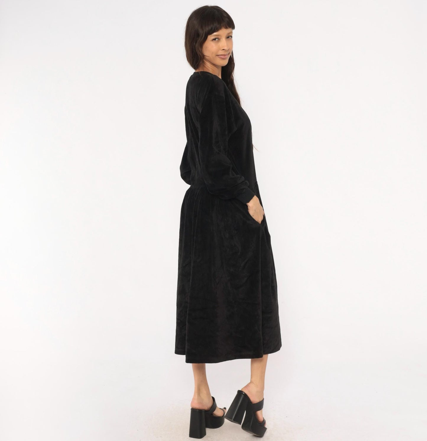 90s Lizsport Black Velvet Midi Dress Drop Waist Pockets Large L