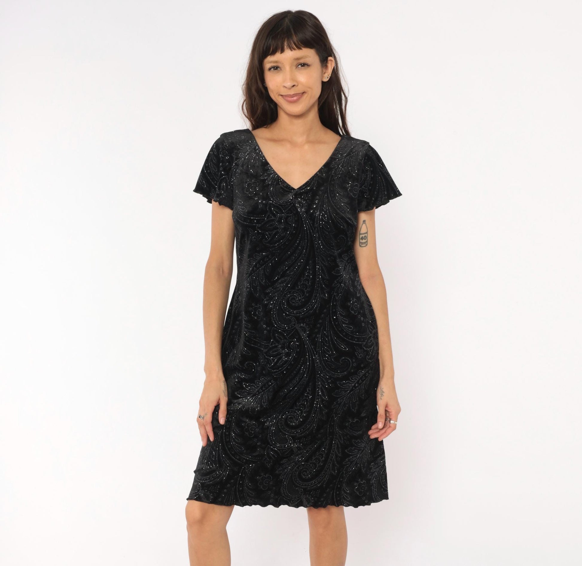90s S.L. Fashions Black Velvet Paisley Glitter Dress Flutter Sleeve Medium Petite