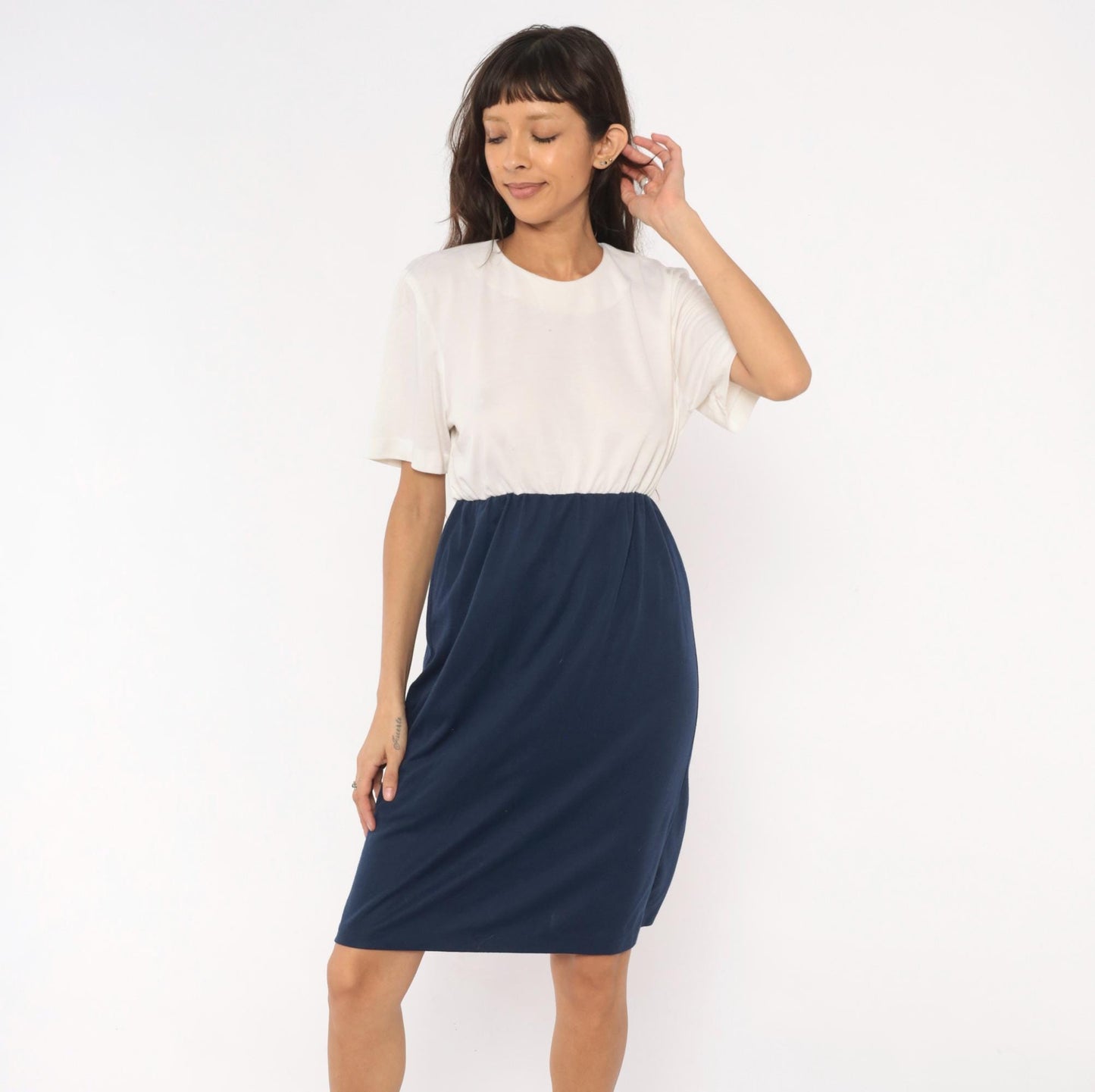 80s Navy Cream Colorblock Dress Keyhole Back Button Knee-Length Medium Large