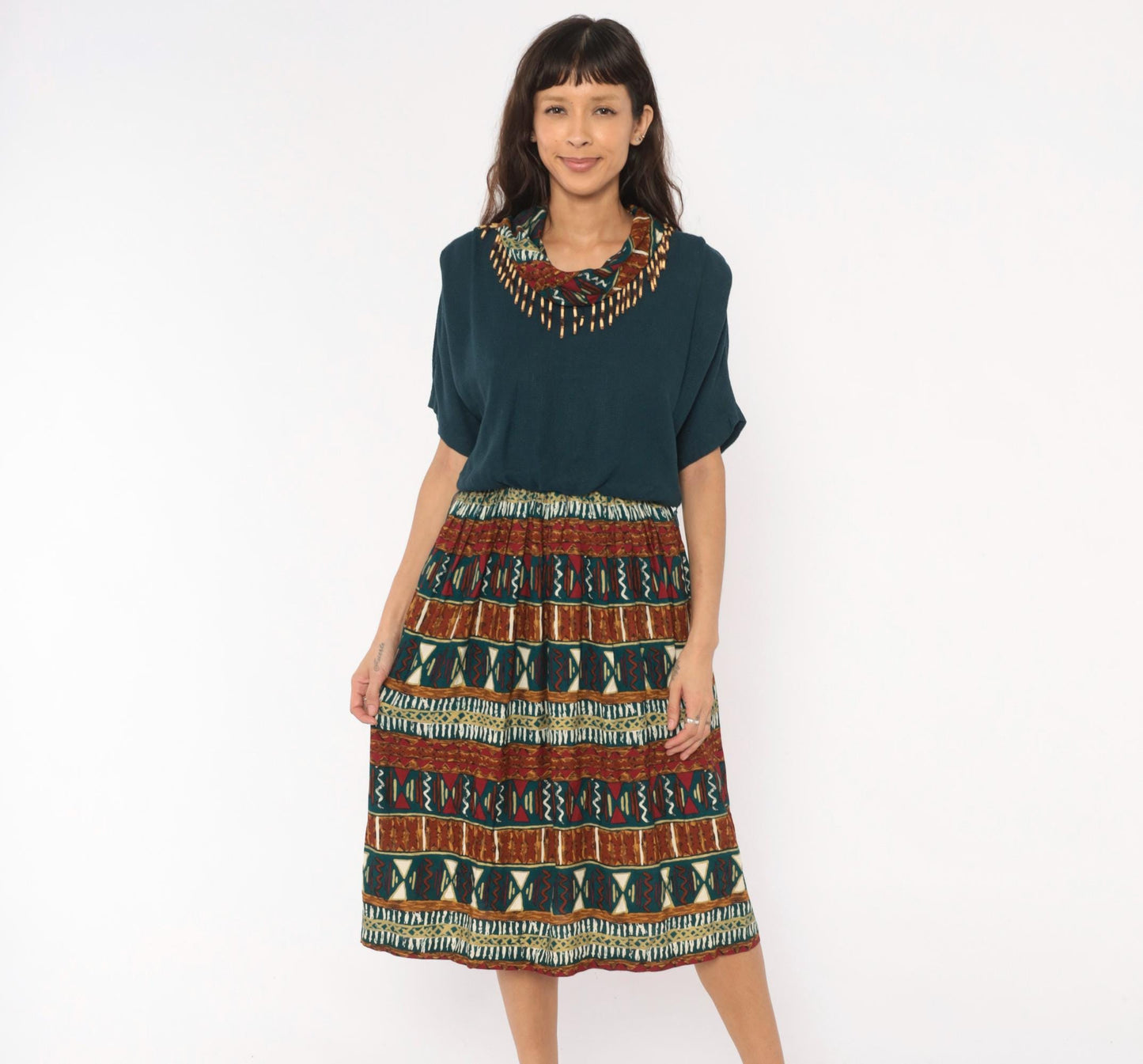 90s Stuart Alan Petites Tribal Print Dress Teal Burgundy Midi V Neck Medium