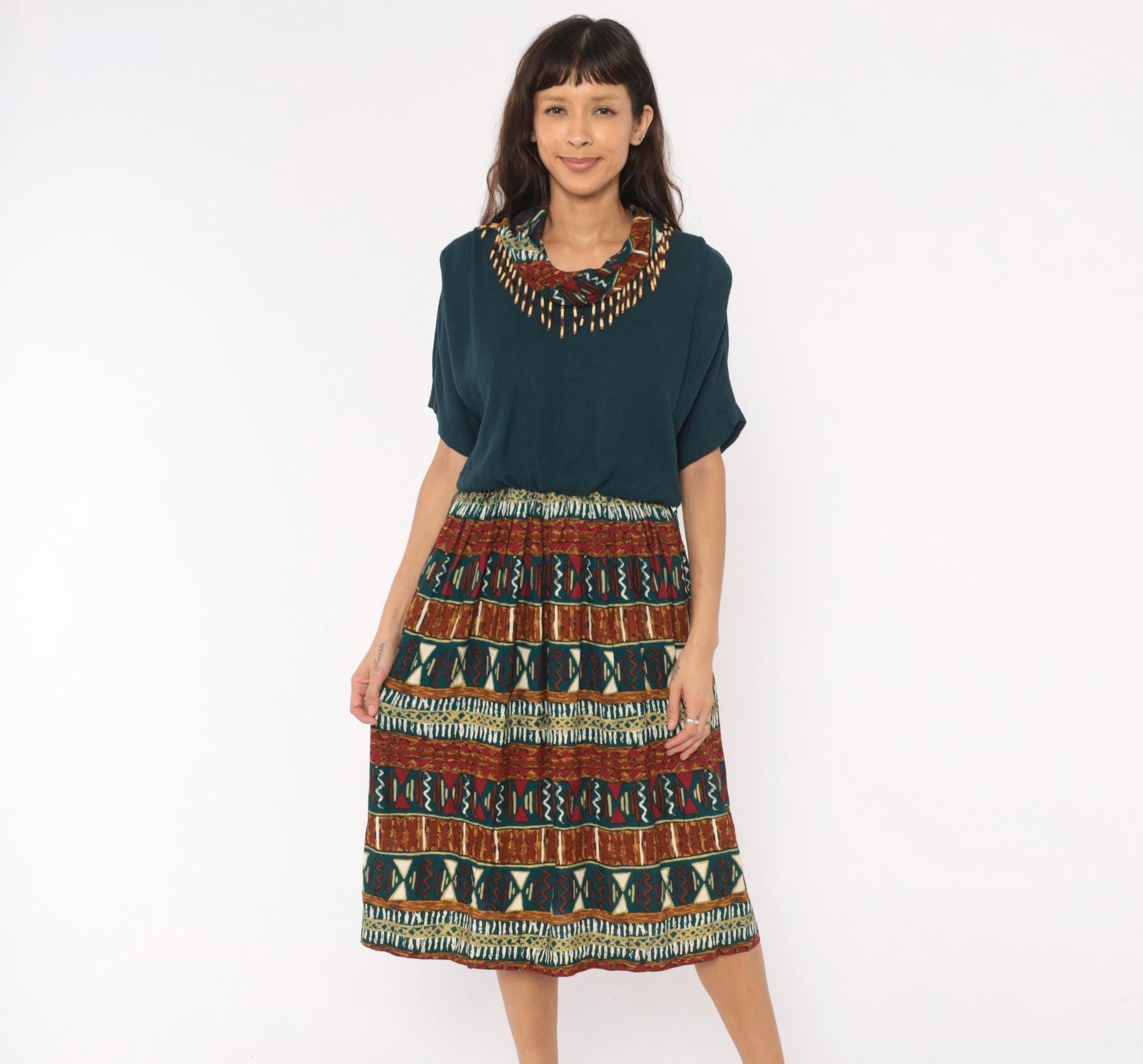 90s Stuart Alan Petites Tribal Print Dress Teal Burgundy Midi V Neck Medium