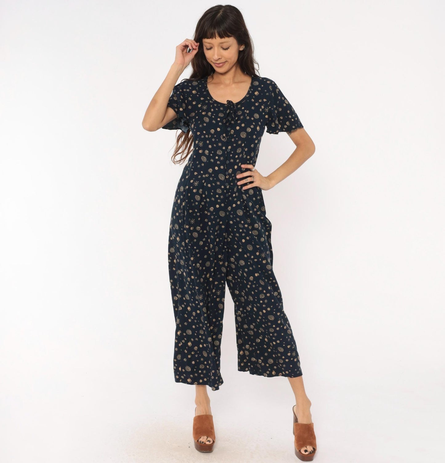 90s Darian Petites Celestial Jumpsuit Navy Tan Star Print Wide Leg Medium M