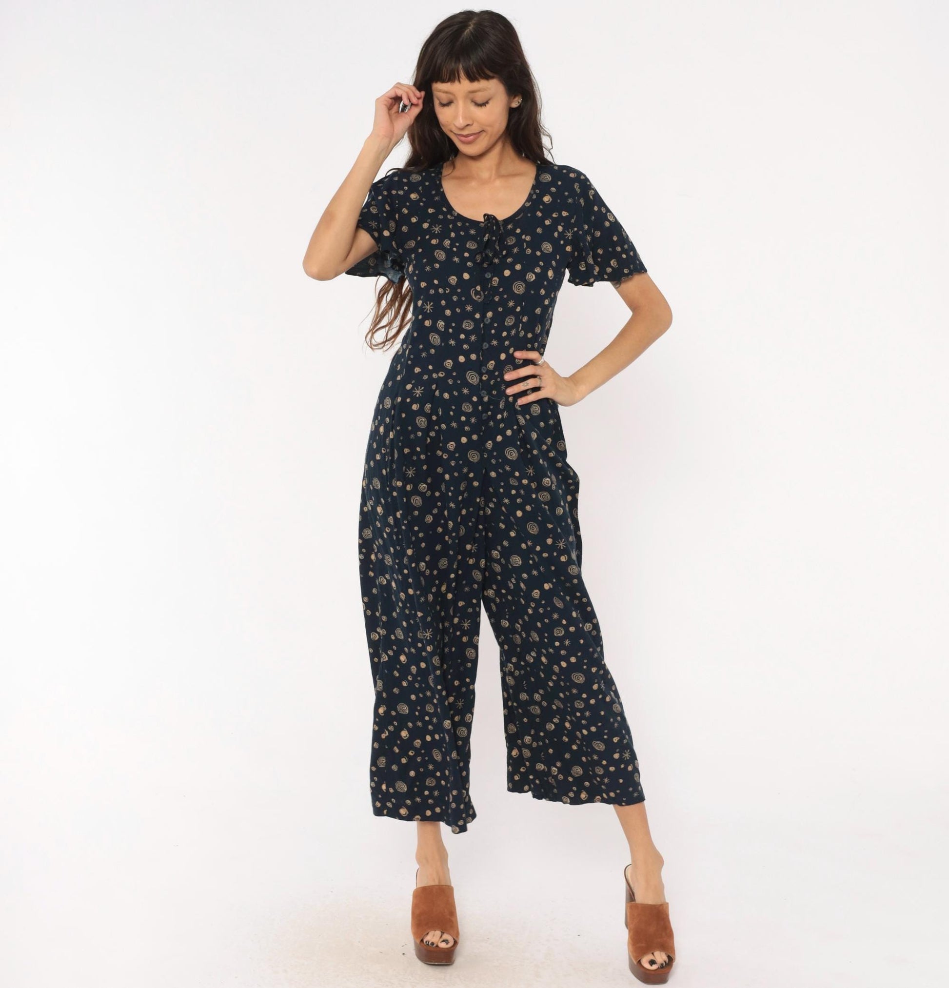 90s Darian Petites Celestial Jumpsuit Navy Tan Star Print Wide Leg Medium M