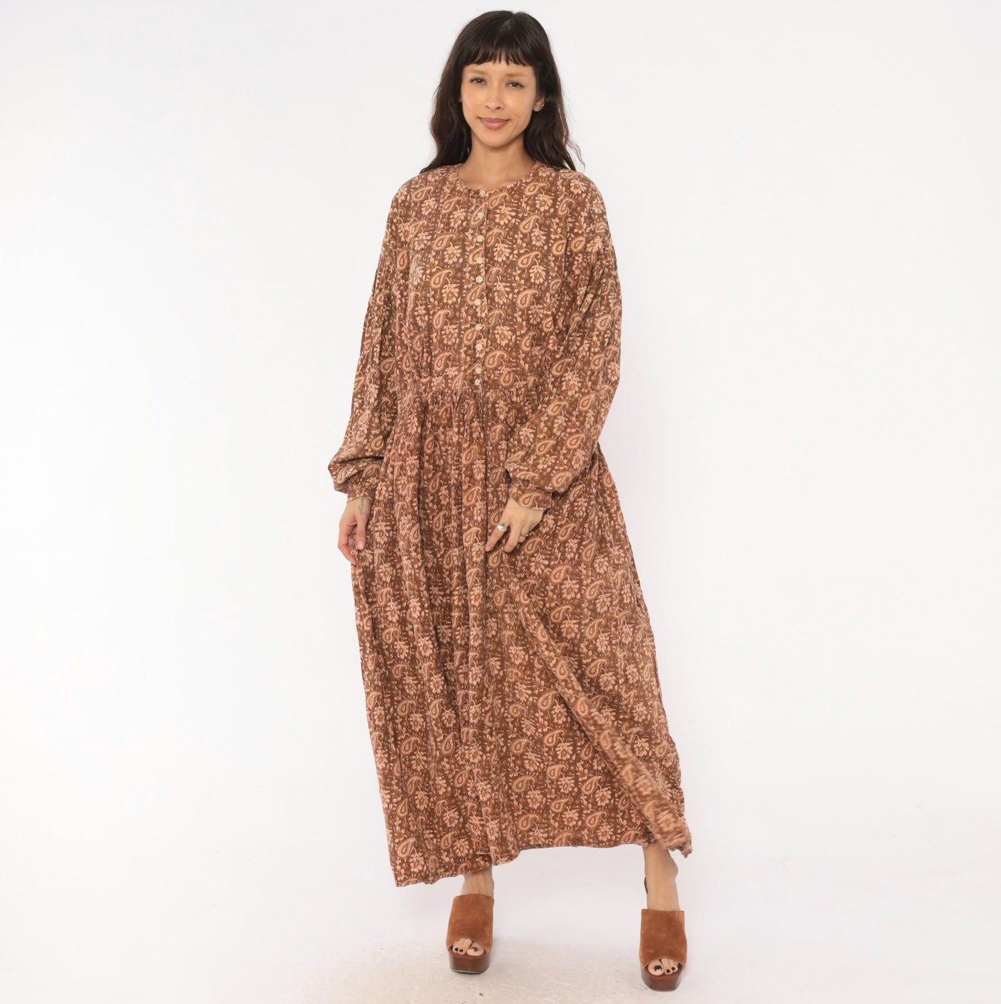 90s Brown Paisley Floral Maxi Dress Cotton Button Front Balloon Sleeve Large