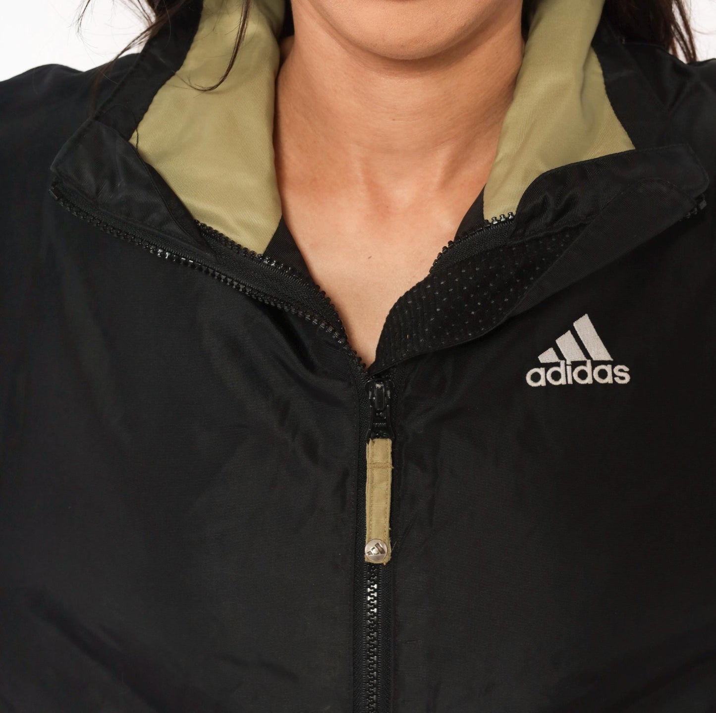 90s Adidas Windbreaker Black Olive Three Stripe Hooded Nylon Jacket Medium M