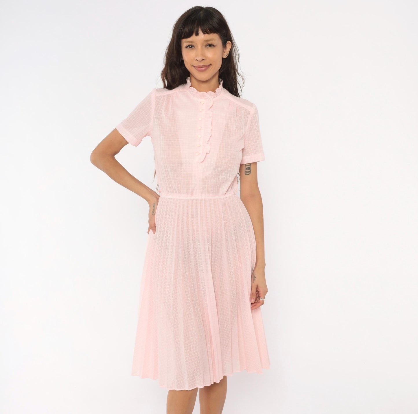70s Blush Pink Shirtdress Pleated Midi Ruffled Collar Puff Sleeve Small S